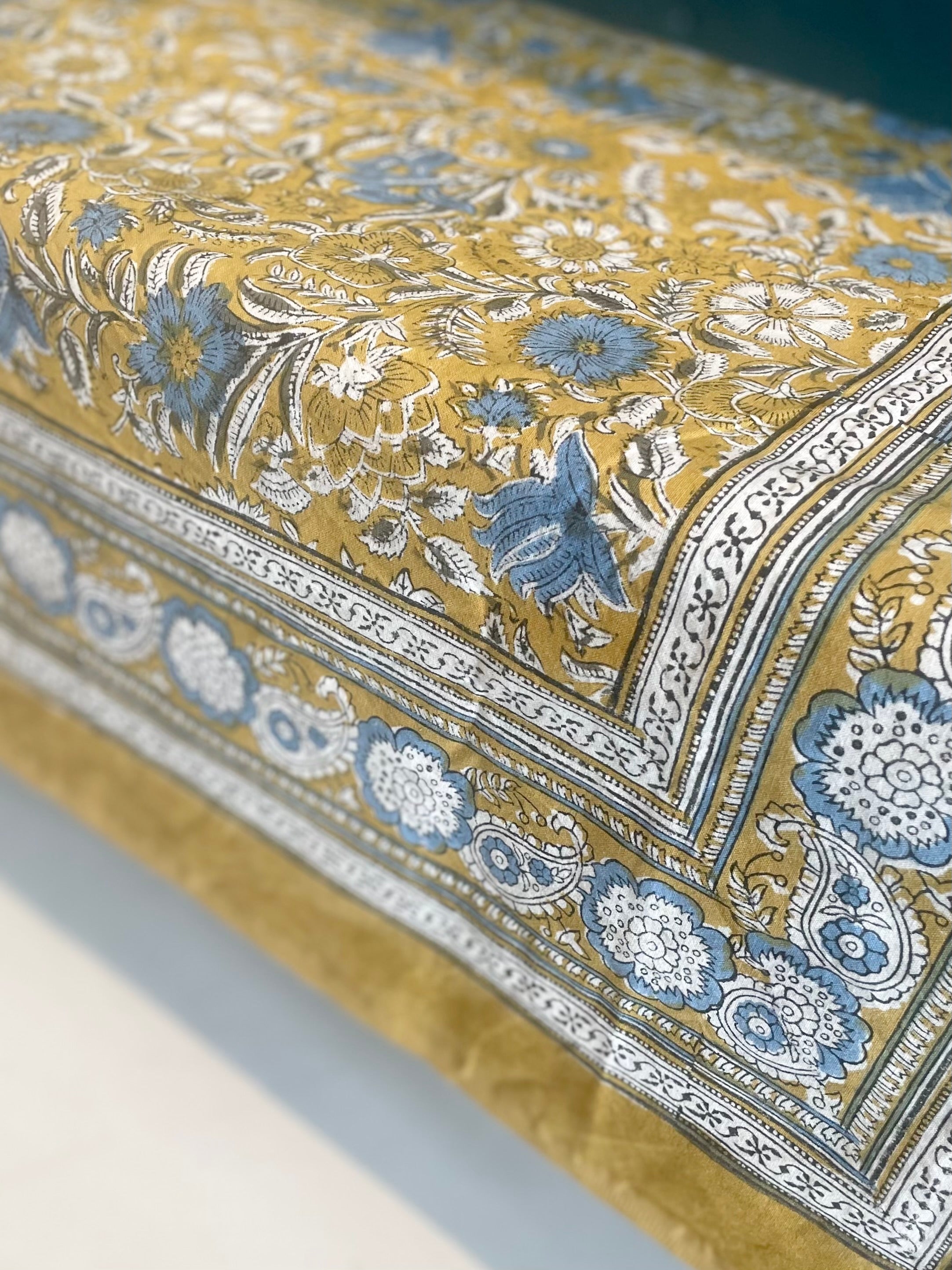 Block Printed Tablecloth Blue Dahlia