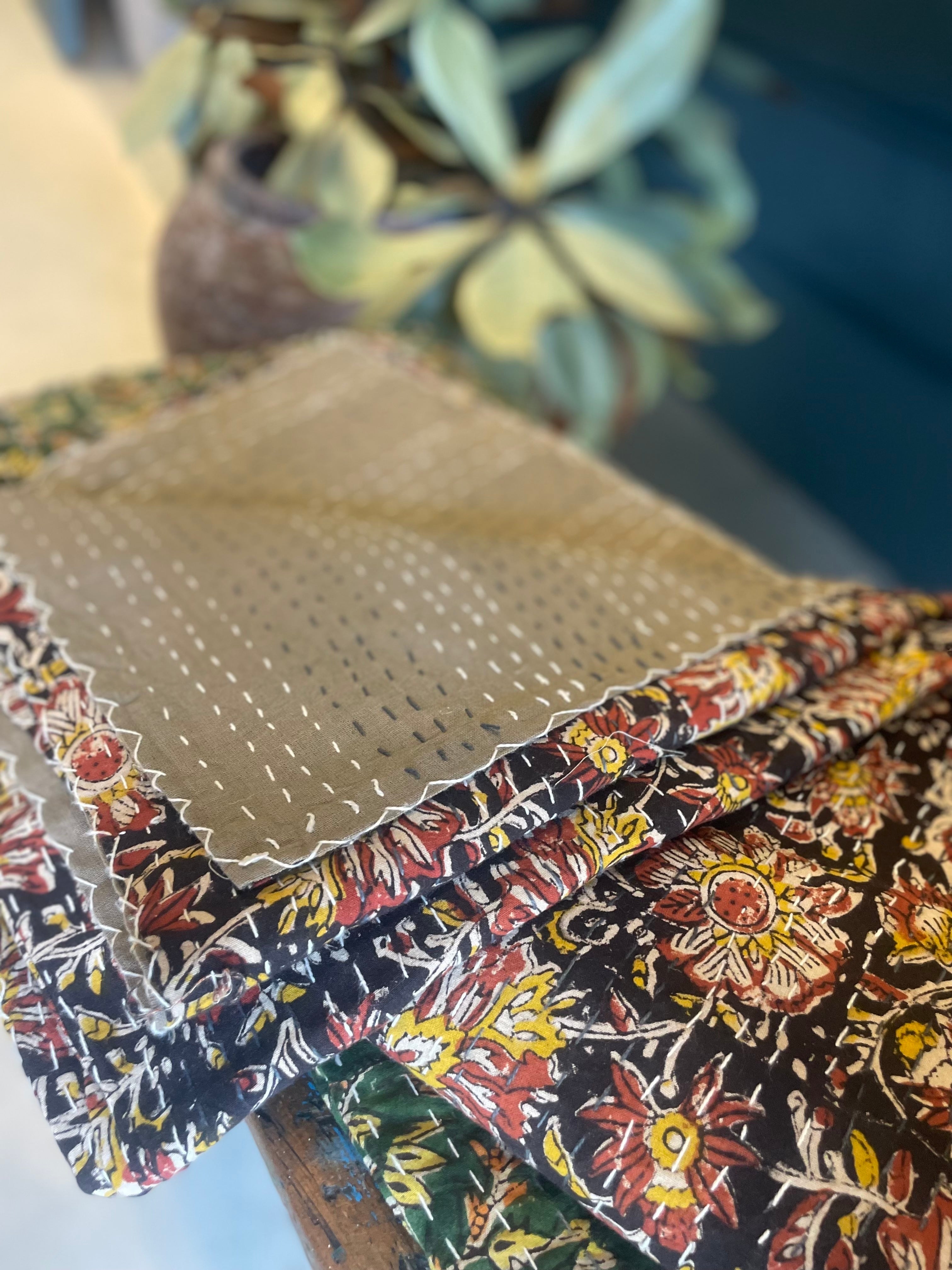 Block Printed Kantha Throw Blanket