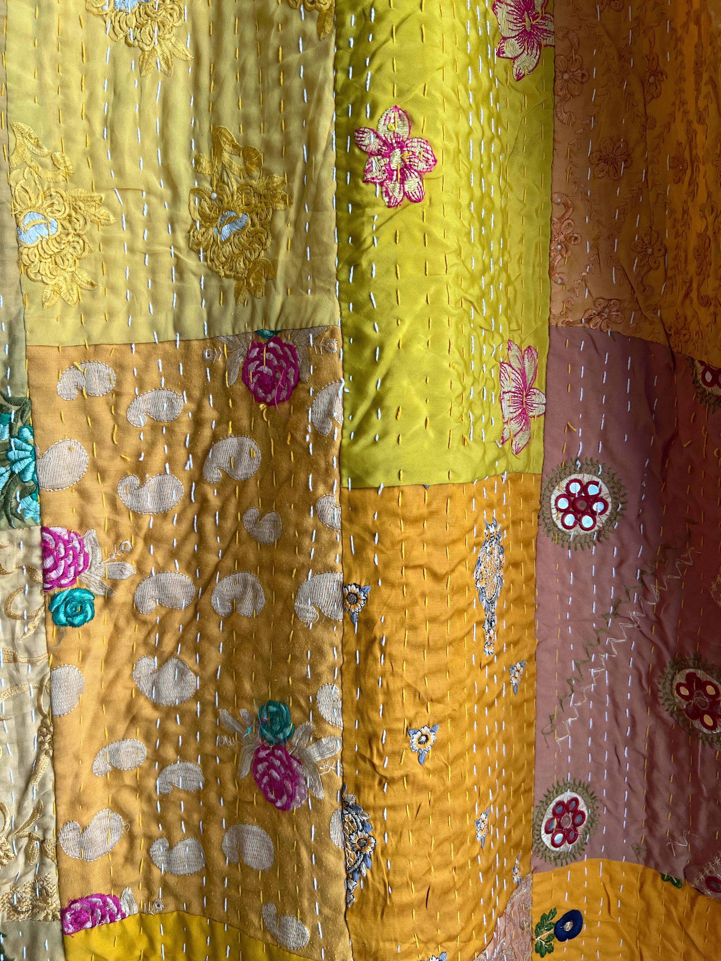 Antique Queen Kantha Sari Patchwork Blanket