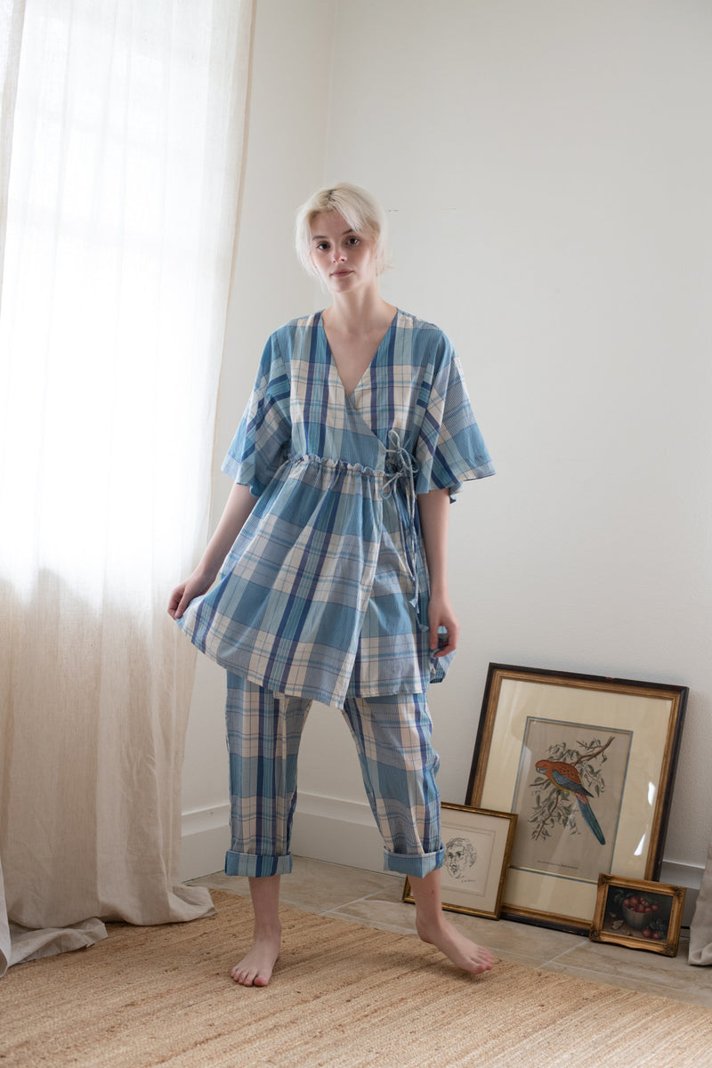 Handloomed cotton Easy Pant made in India. | azure madras plaid