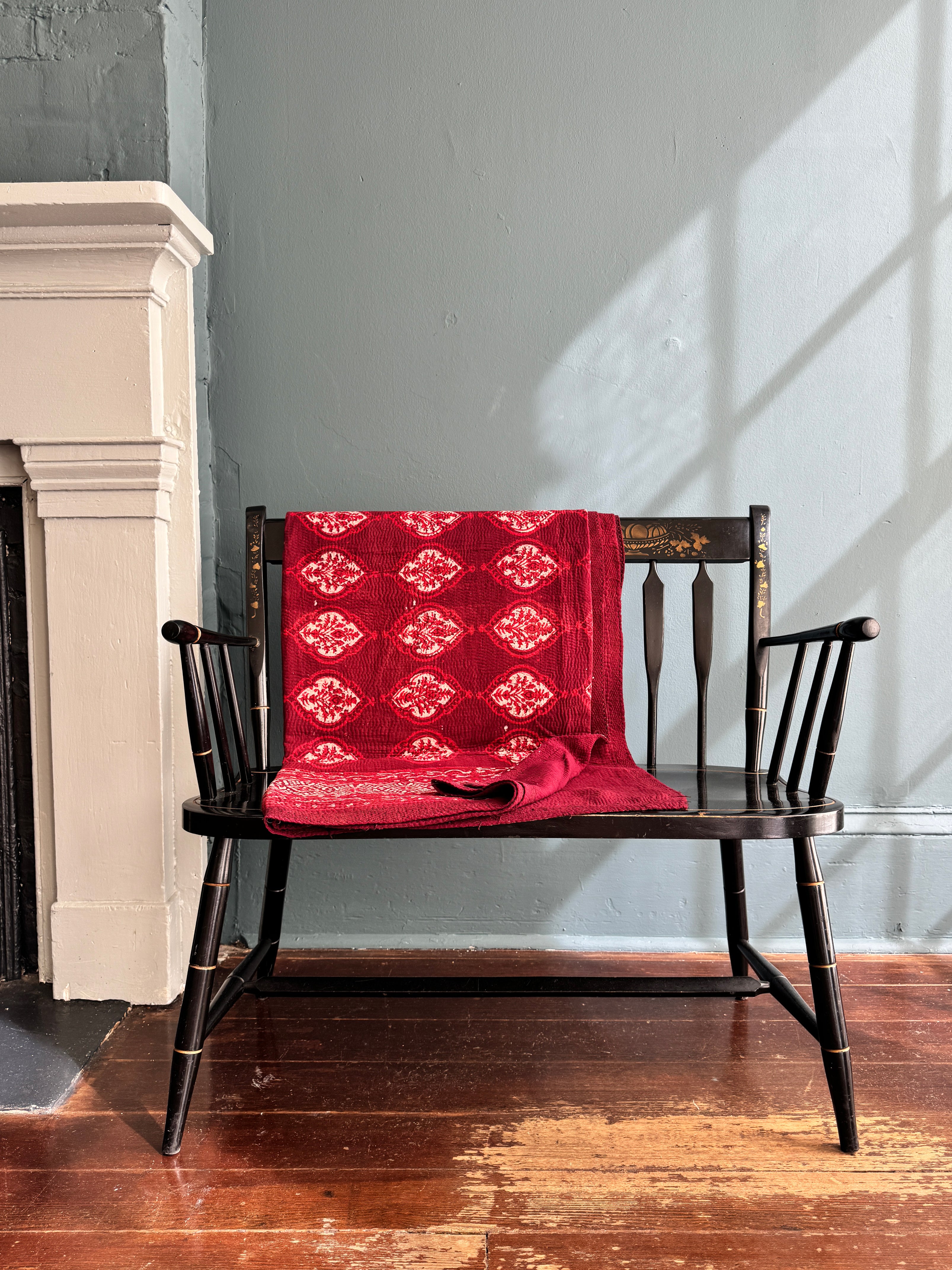 Antique Kantha Ajrakh Throw Blanket