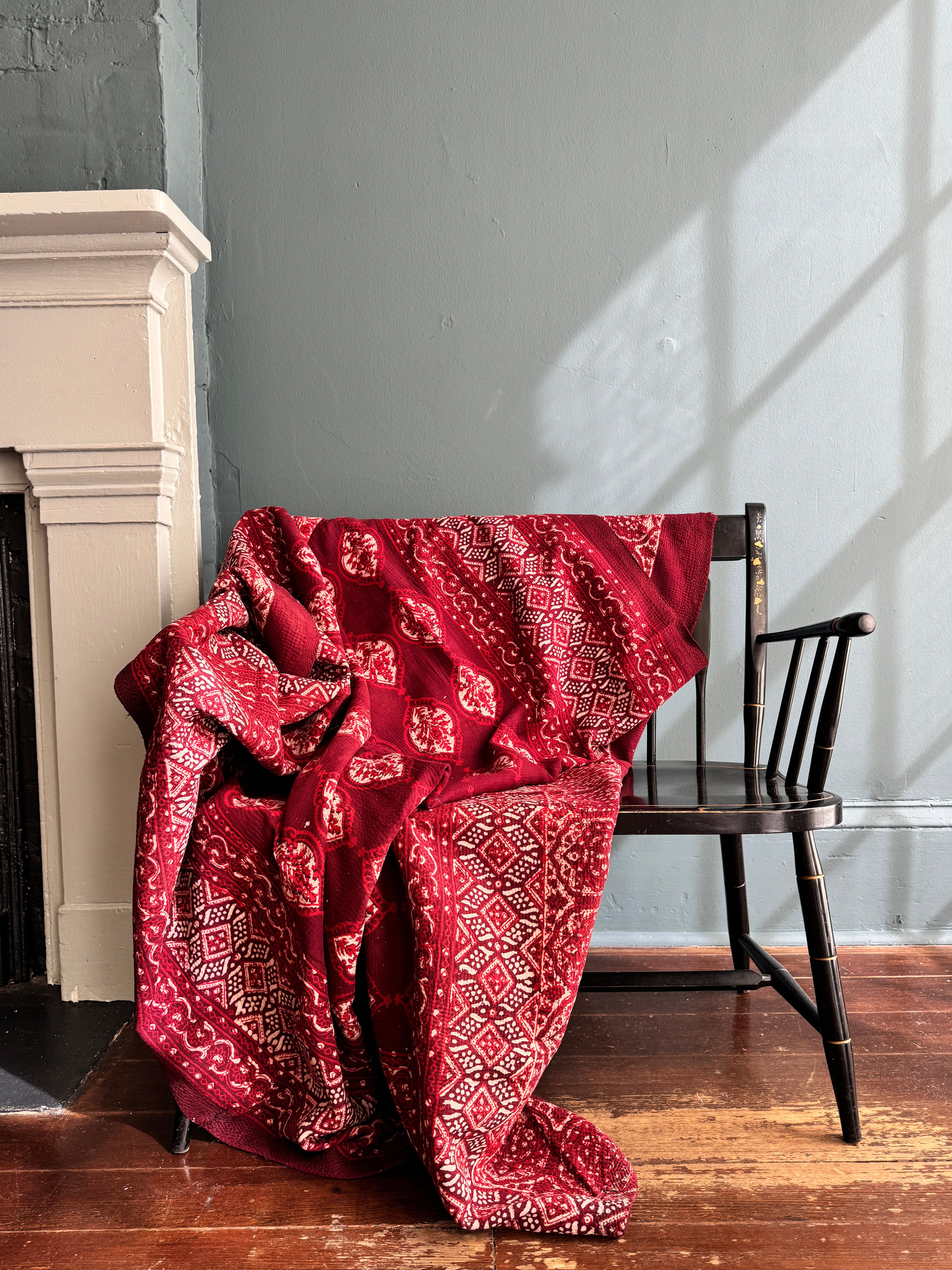 Antique Kantha Ajrakh Throw Blanket