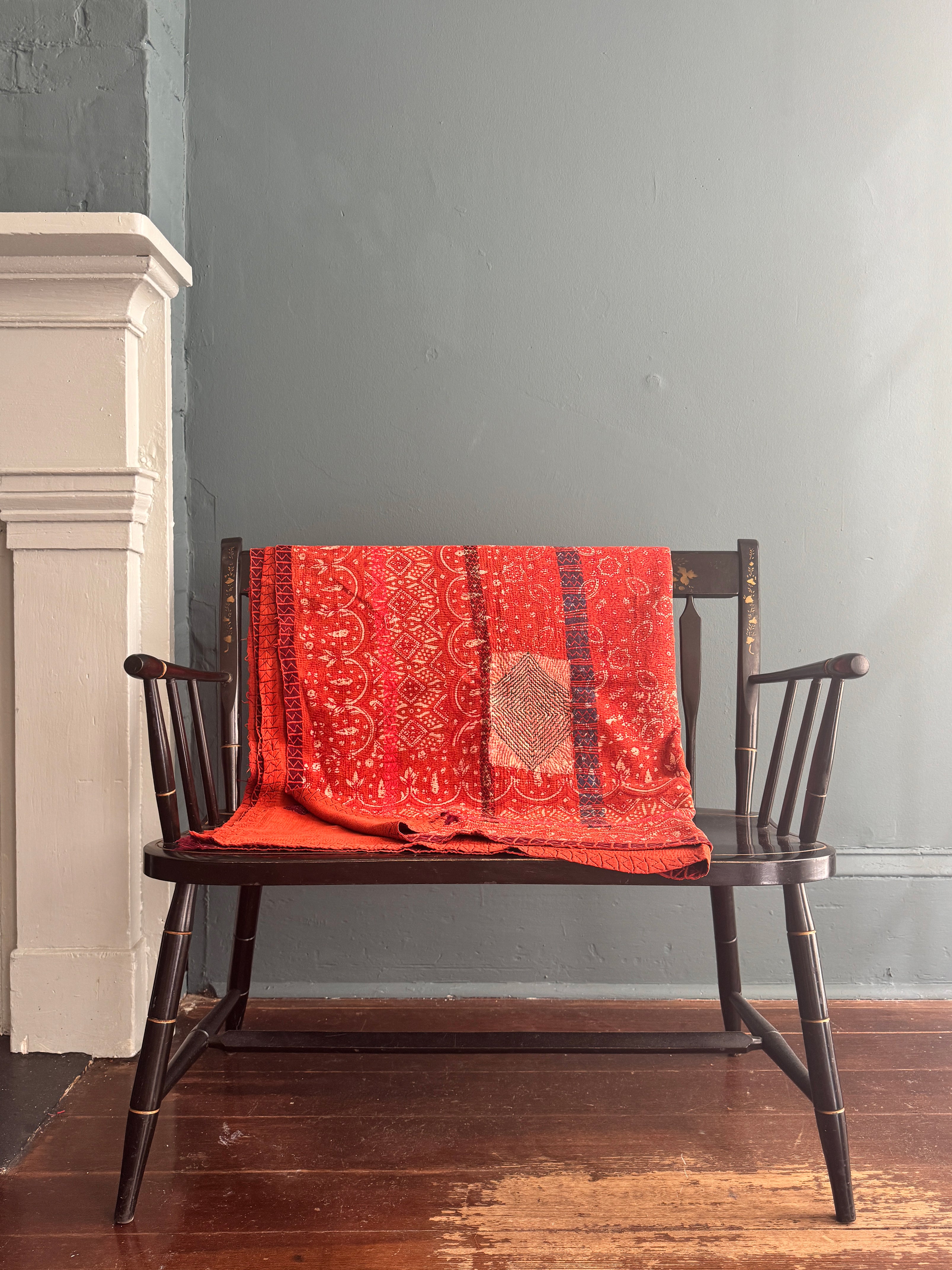 Antique Kantha Ajrakh Throw Blanket