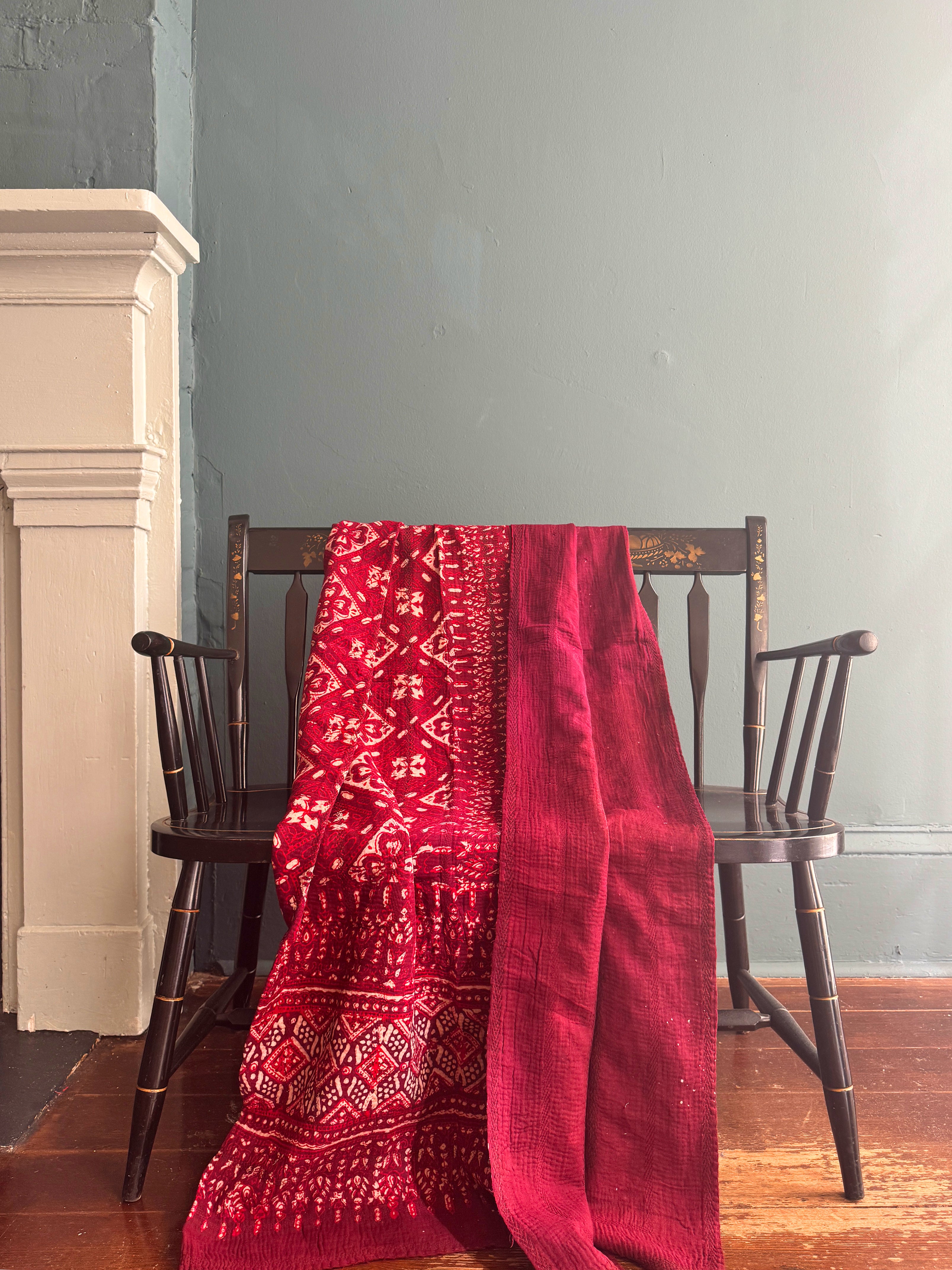 Antique Kantha Ajrakh Throw Blanket