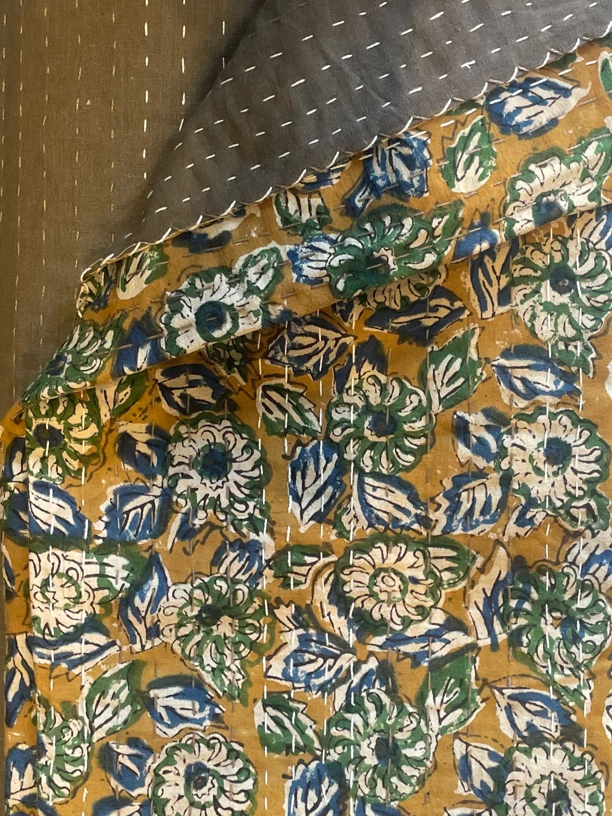Block Printed Kantha Throw Blanket