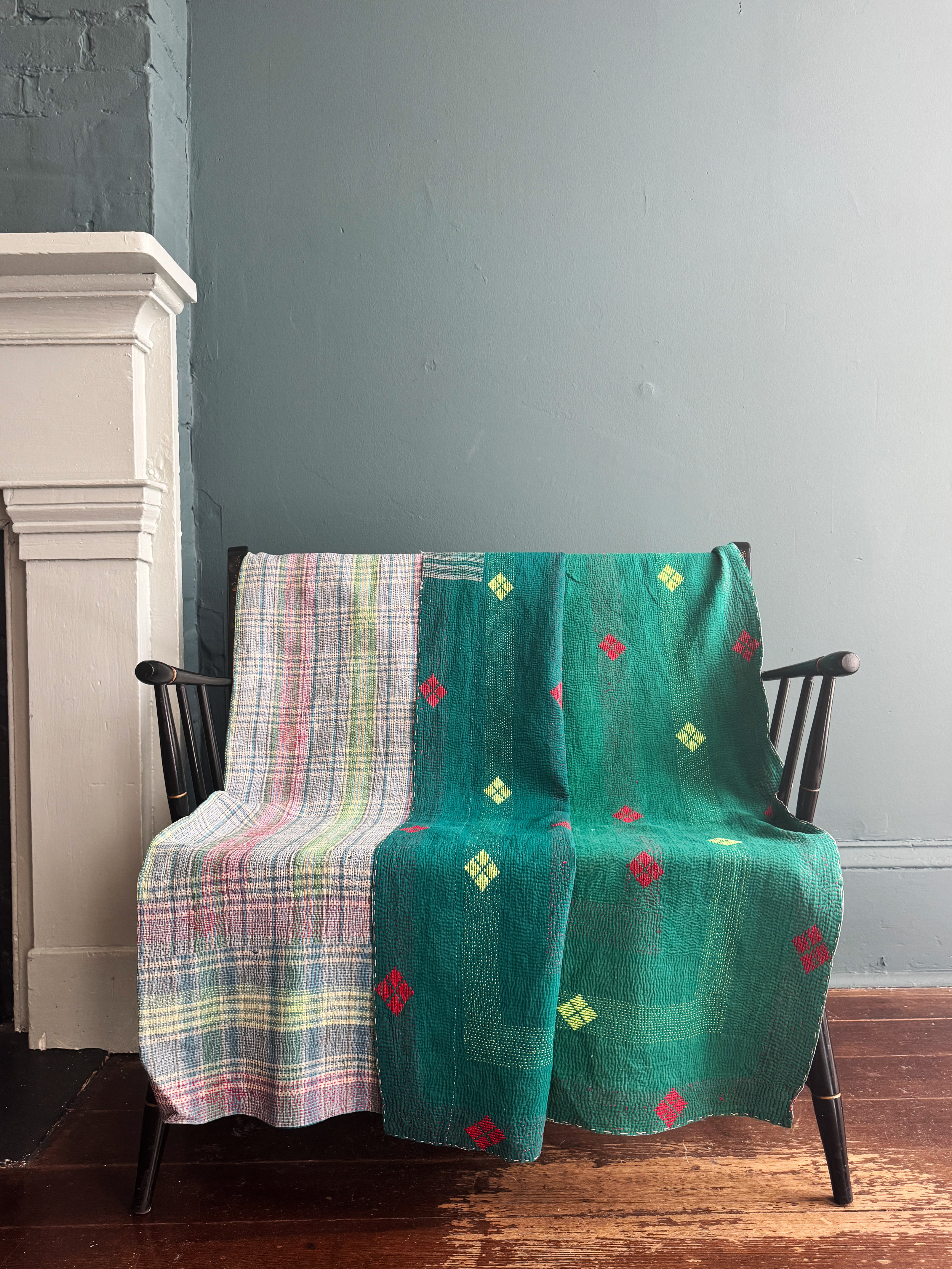 Antique Kantha Patchwork Throw Blanket