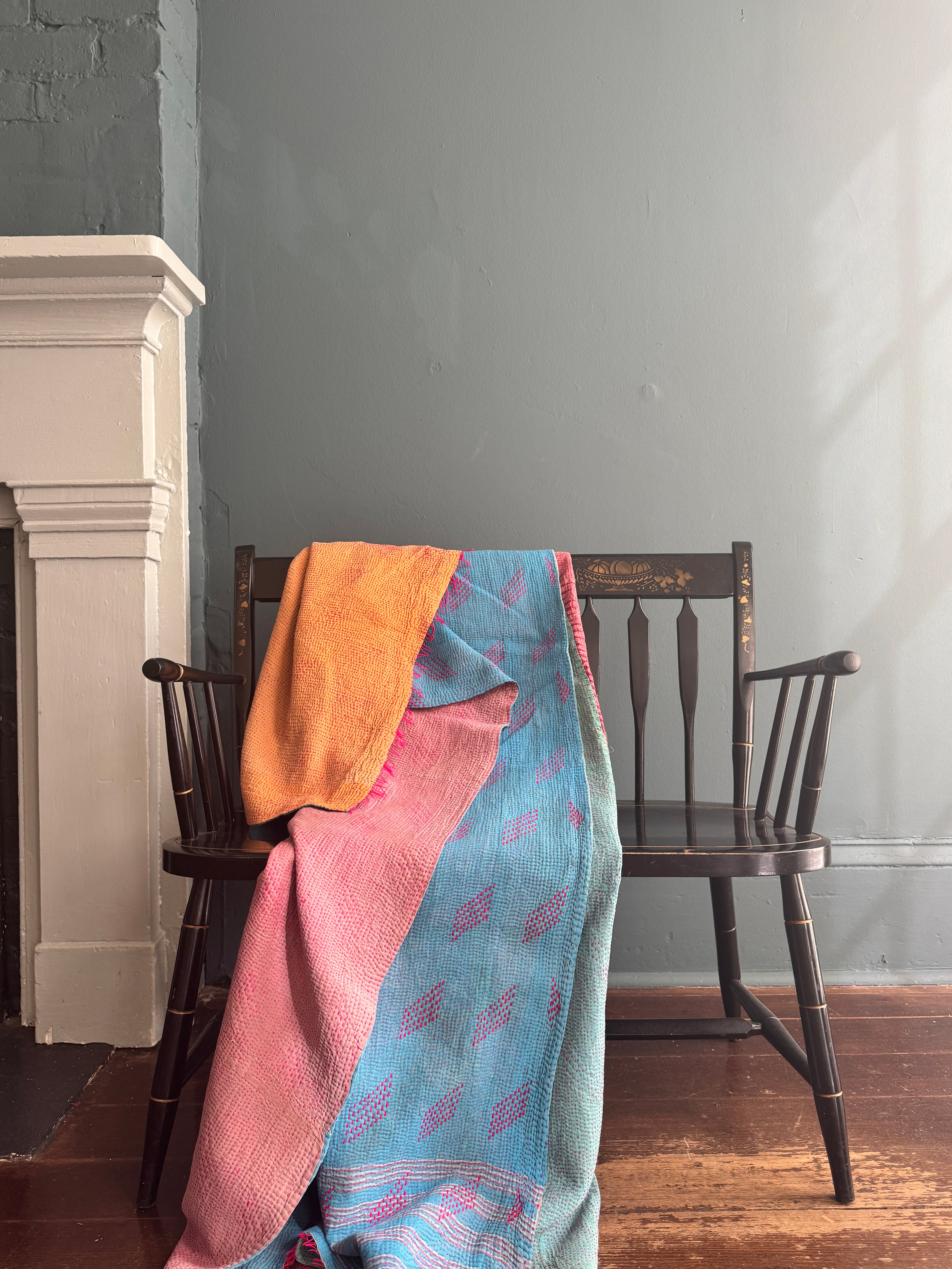 Antique Kantha Patchwork Throw Blanket