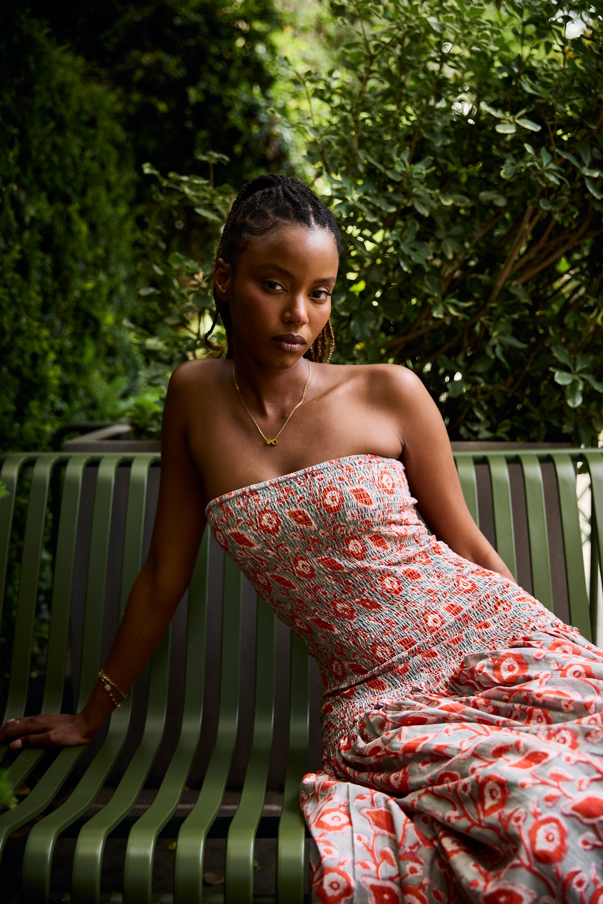 Nalini Smocked Midi Dress in Sage and Poppy