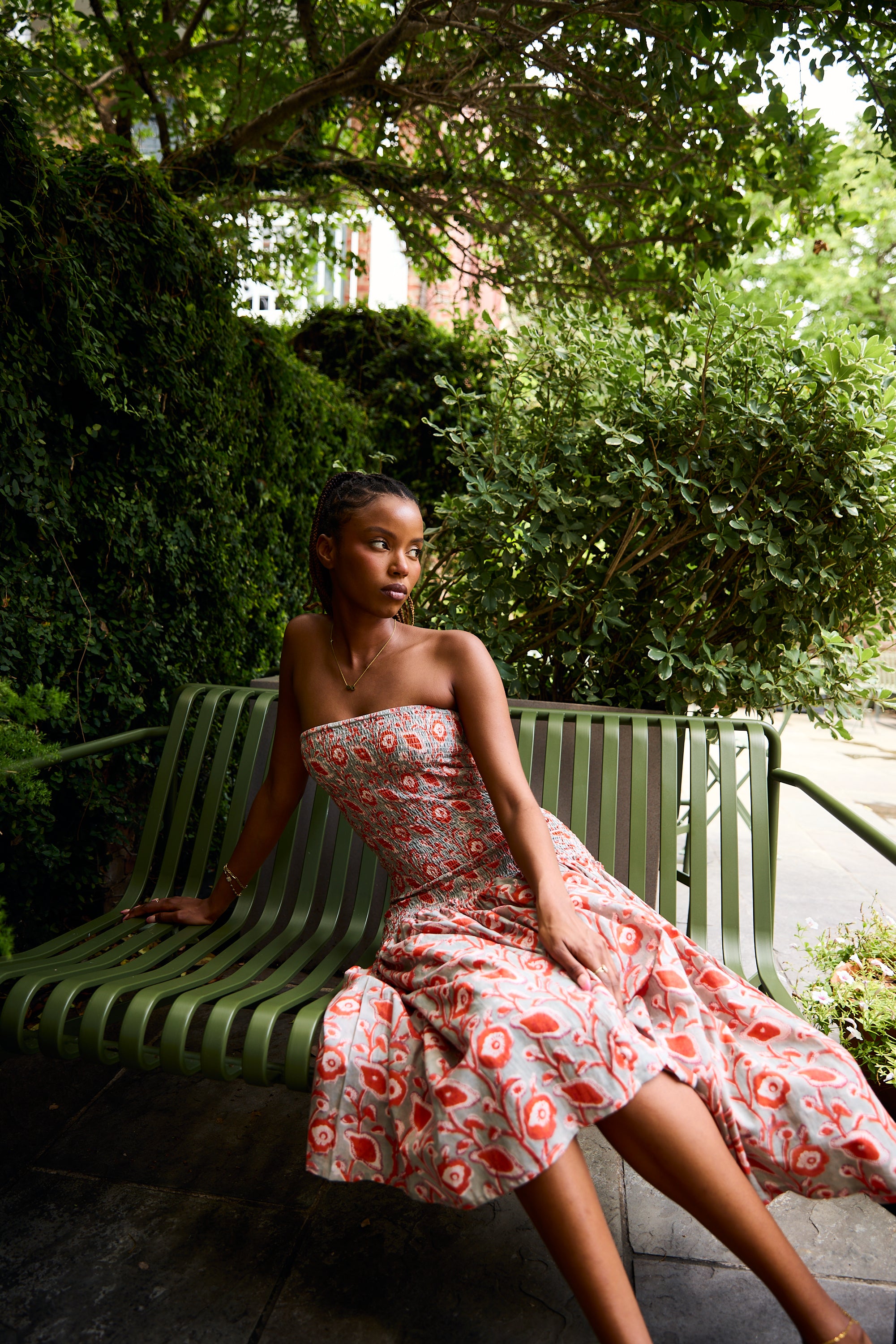 Nalini Smocked Midi Dress in Sage and Poppy