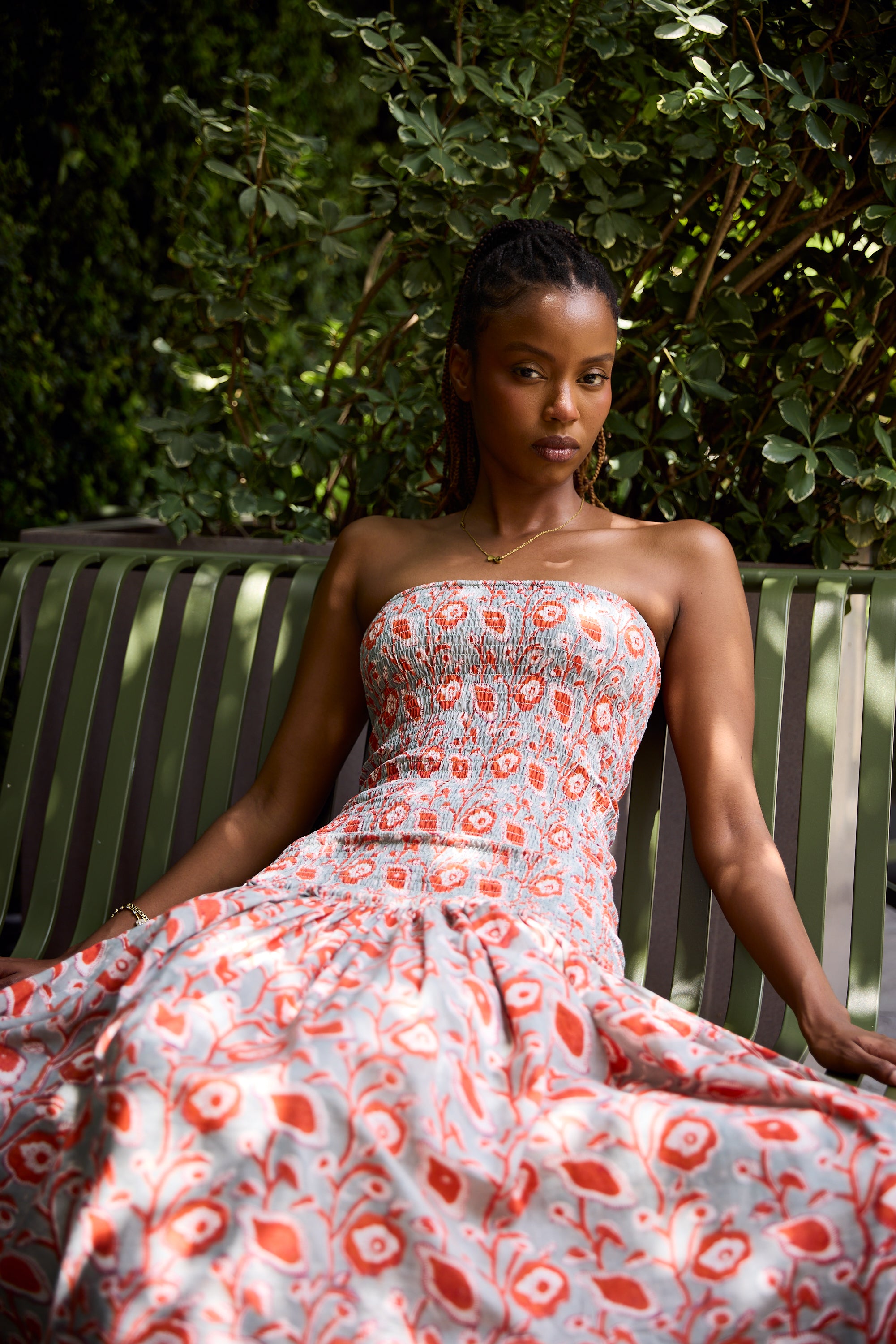 Nalini Smocked Midi Dress in Sage and Poppy