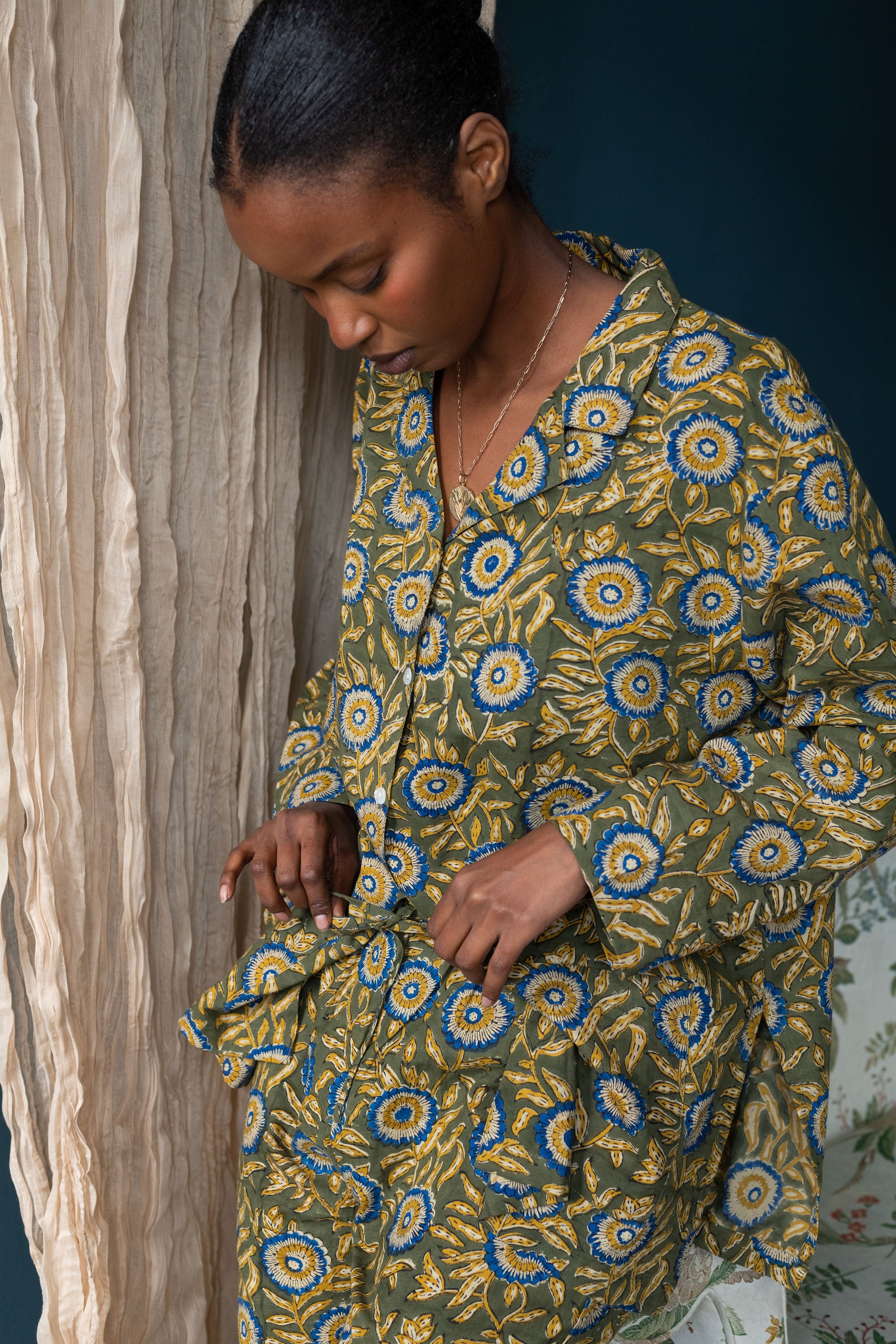 Block Printed Muslin Oversized Pajama Set | Olive Bloom
