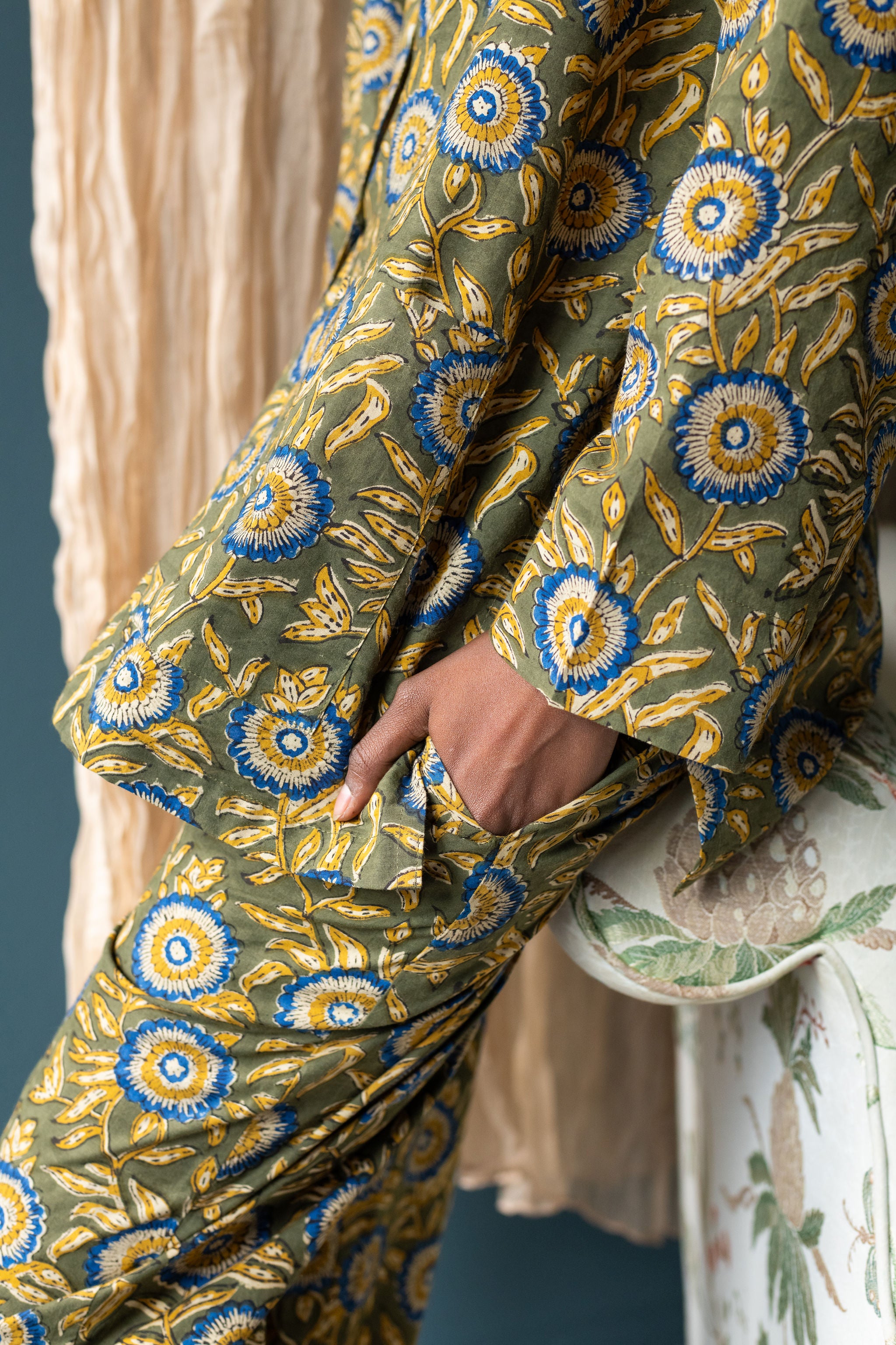 Block Printed Muslin Oversized Pajama Set | Olive Bloom