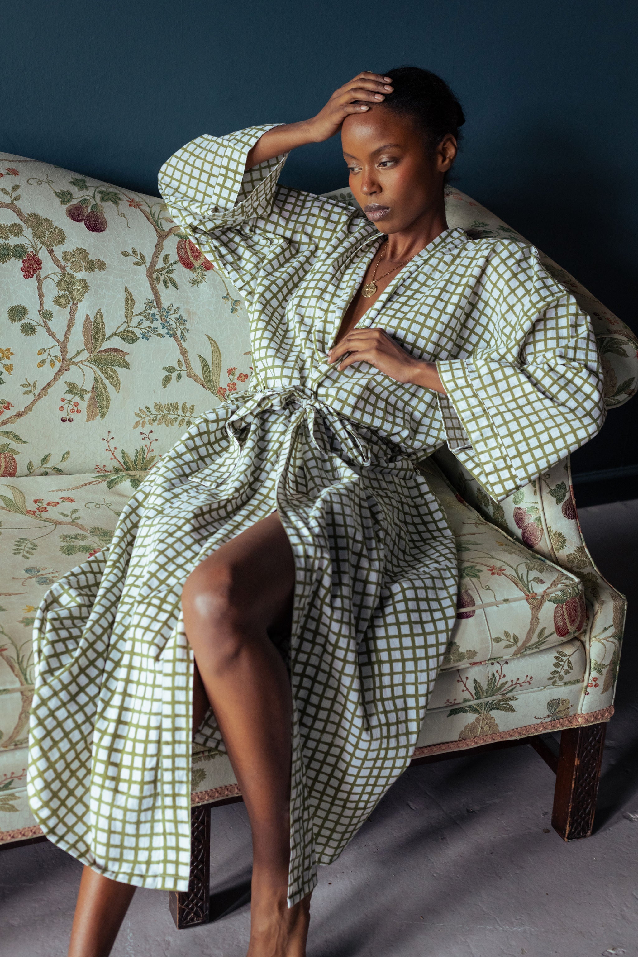 Mandi Block Printed Robe | olive check