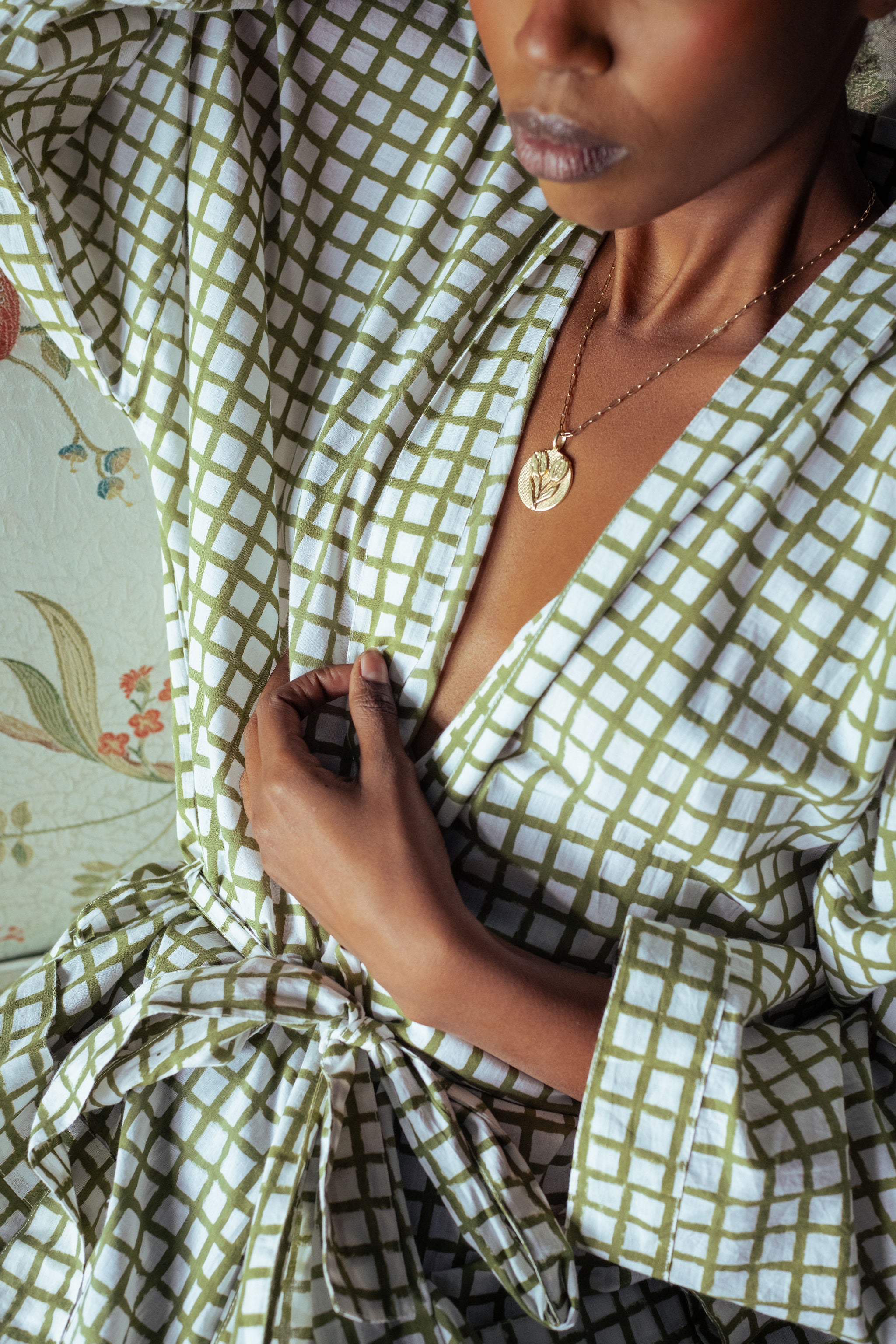 Mandi Block Printed Robe | olive check
