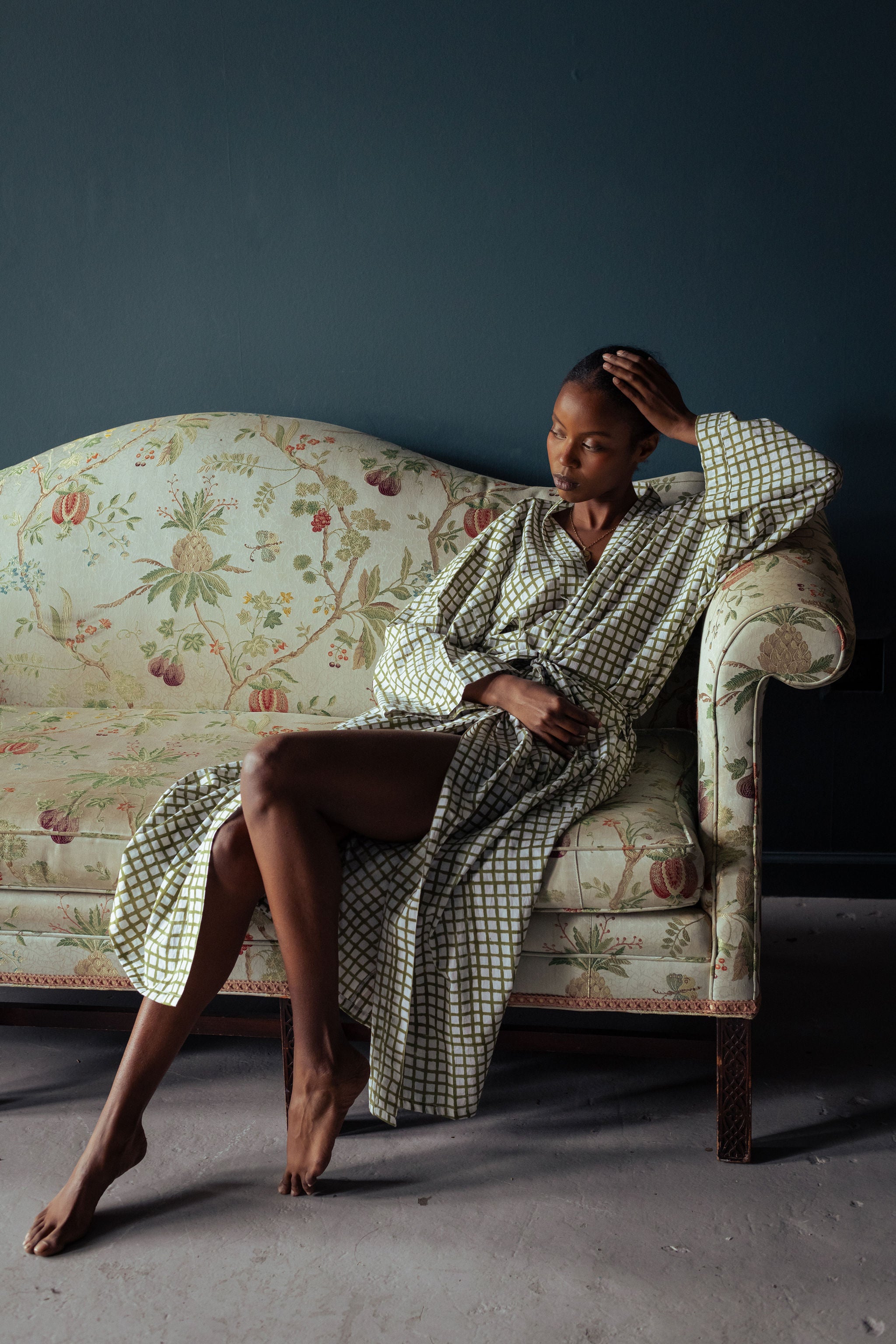 Mandi Block Printed Robe | olive check