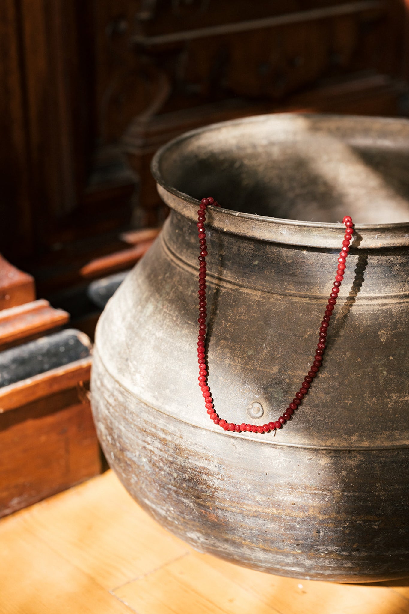 Red agate stone mala necklace, handmade in India.