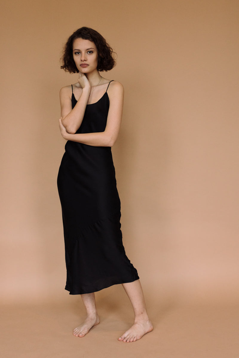 Cotton-satin Keya Slip Dress, made in India. | black