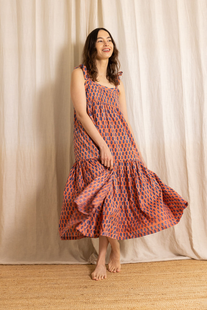 Tiered cotton Ansha dress with shoulder ties, handmade in India. | Phula Print