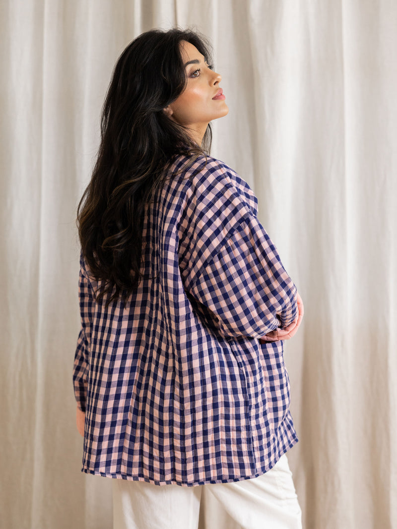 blue checkered jacket | navy gingham