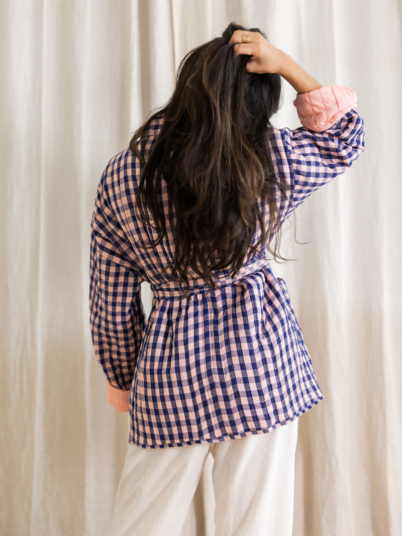 blue checkered jacket | navy gingham