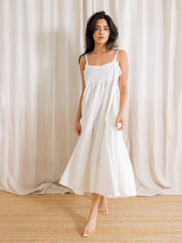 Tiered cotton Ansha dress with shoulder ties, handmade in India. | White
