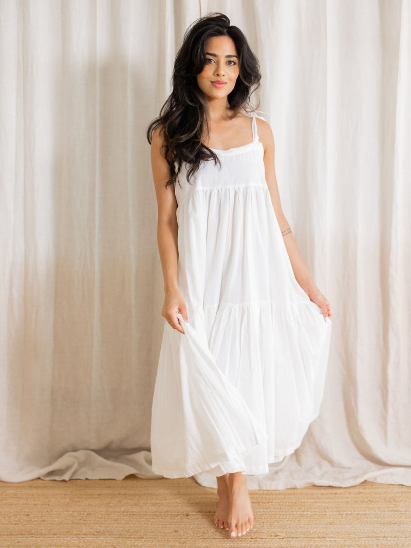 Tiered cotton Ansha dress with shoulder ties, handmade in India. | White