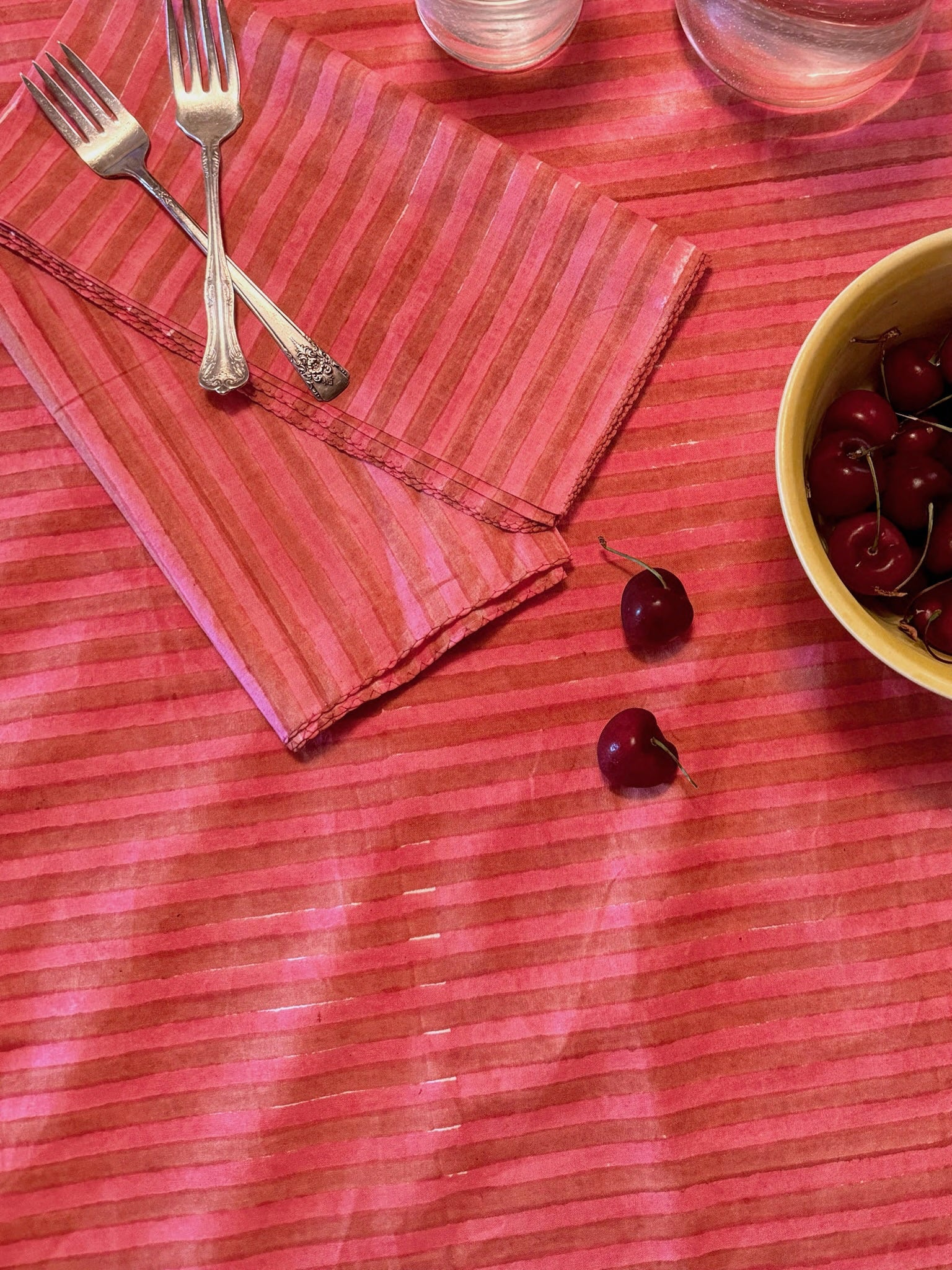 Block Printed Tablecloth Pink Stripe