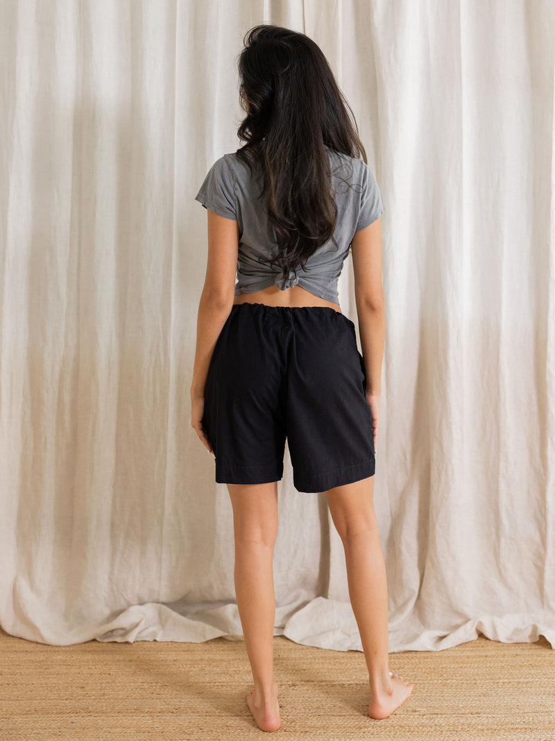 Loose fit midi Unisex Drawstring Short with pockets, handmade in India. | black
