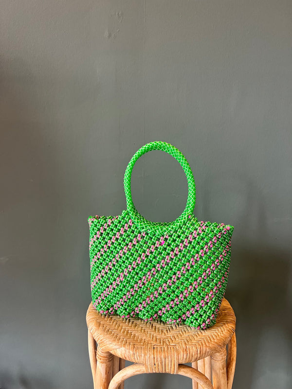Recycled Plastic Small Woven Tote | Lime/Pink