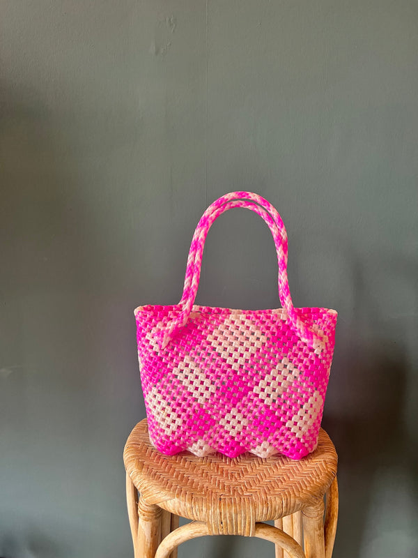 Recycled Plastic Small Woven Tote | Pink/Cream