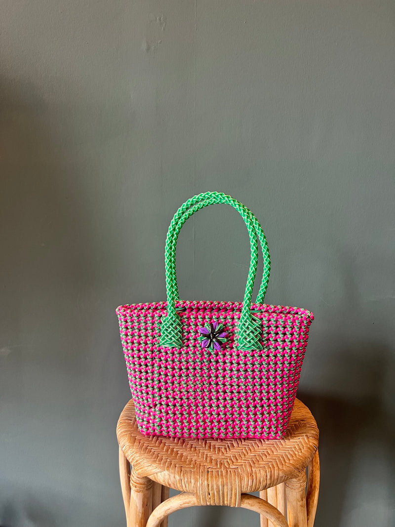 Recycled Plastic Small Woven Tote | Pink/Green