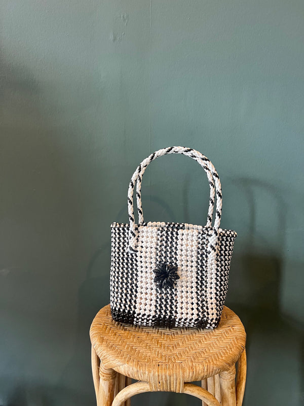 Recycled Plastic Small Woven Tote | White/Black