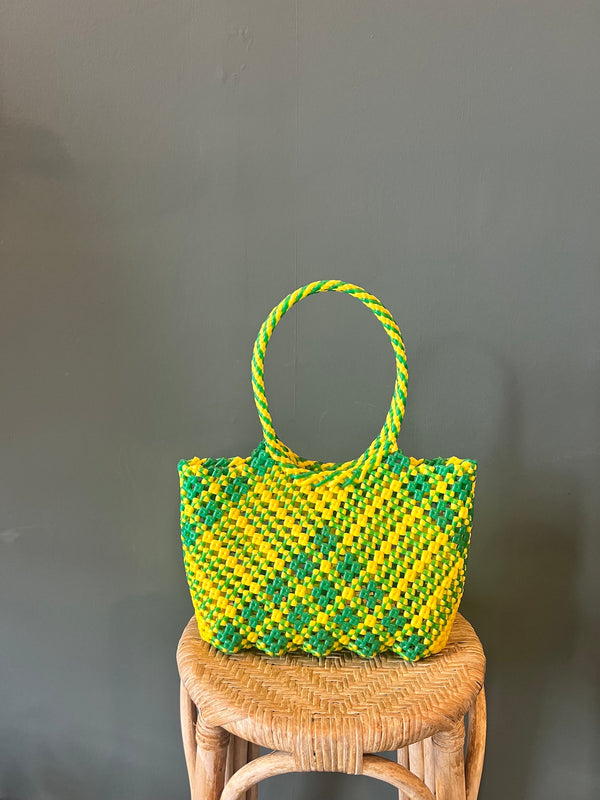Recycled Plastic Small Woven Tote | Yellow/Green