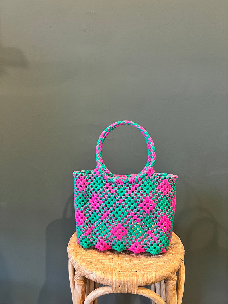 Recycled Plastic Small Woven Tote | Pink/Aqua