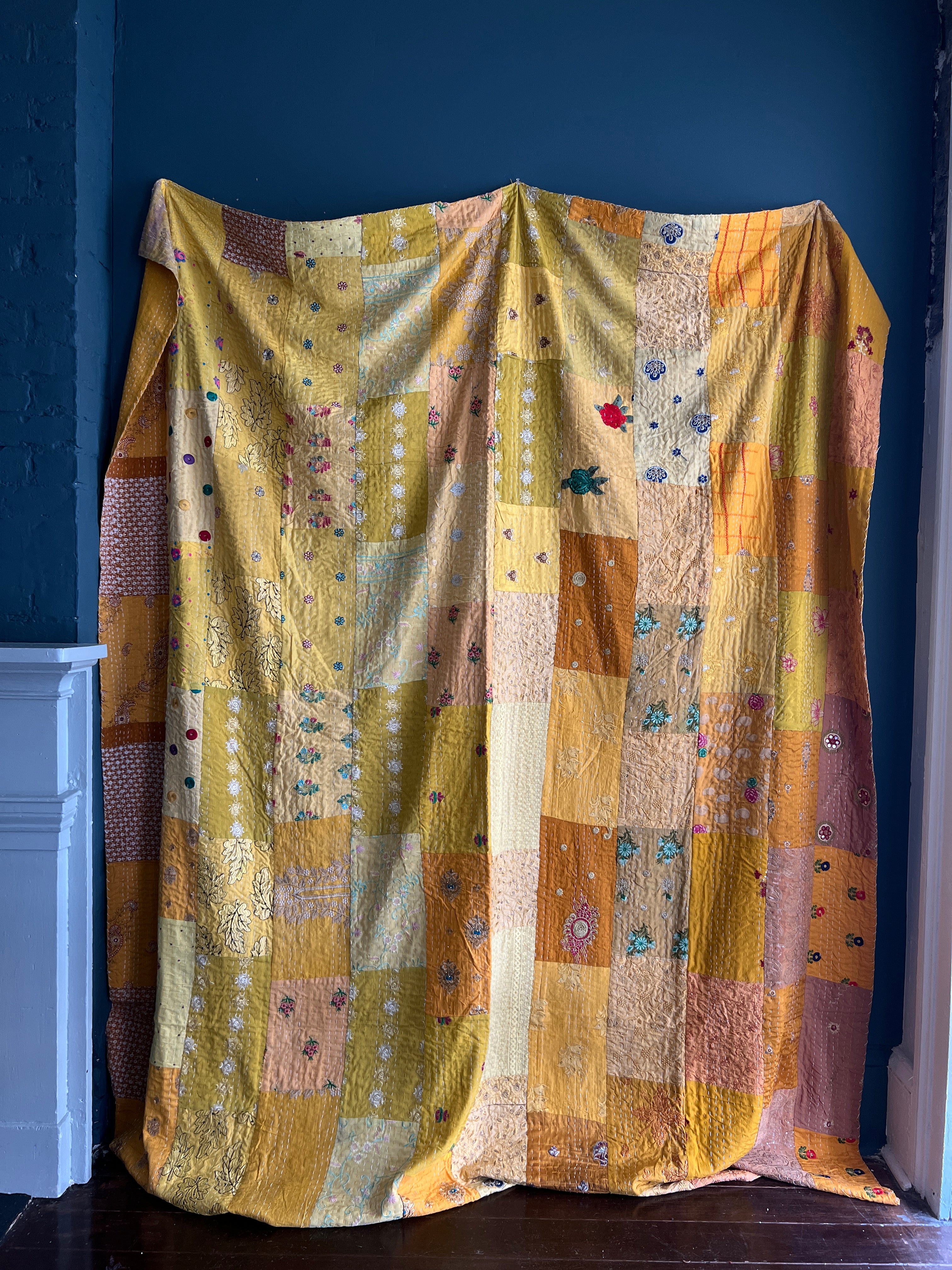 Antique Queen Kantha Sari Patchwork Blanket