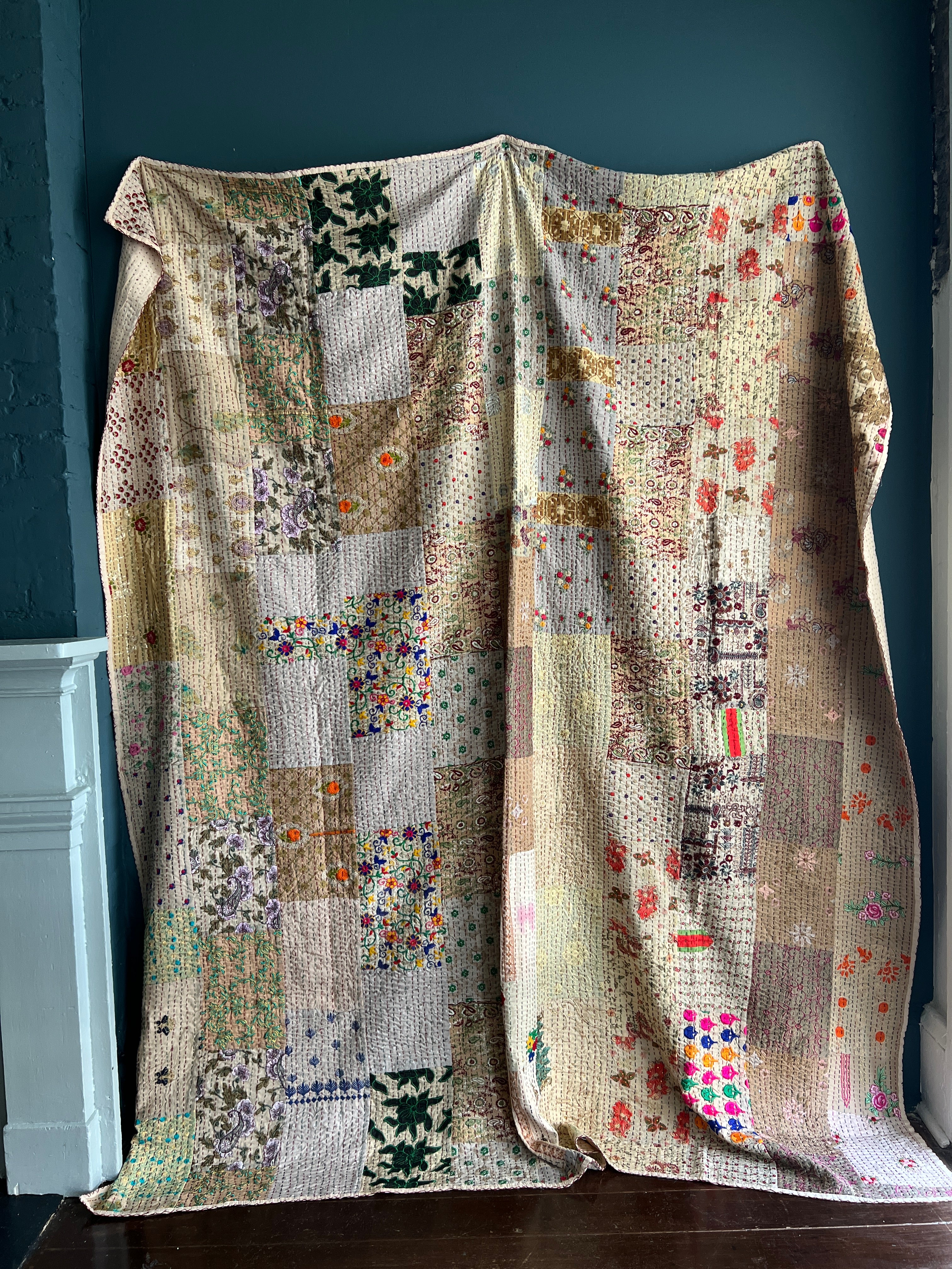 Antique Queen Kantha Sari Patchwork Blanket