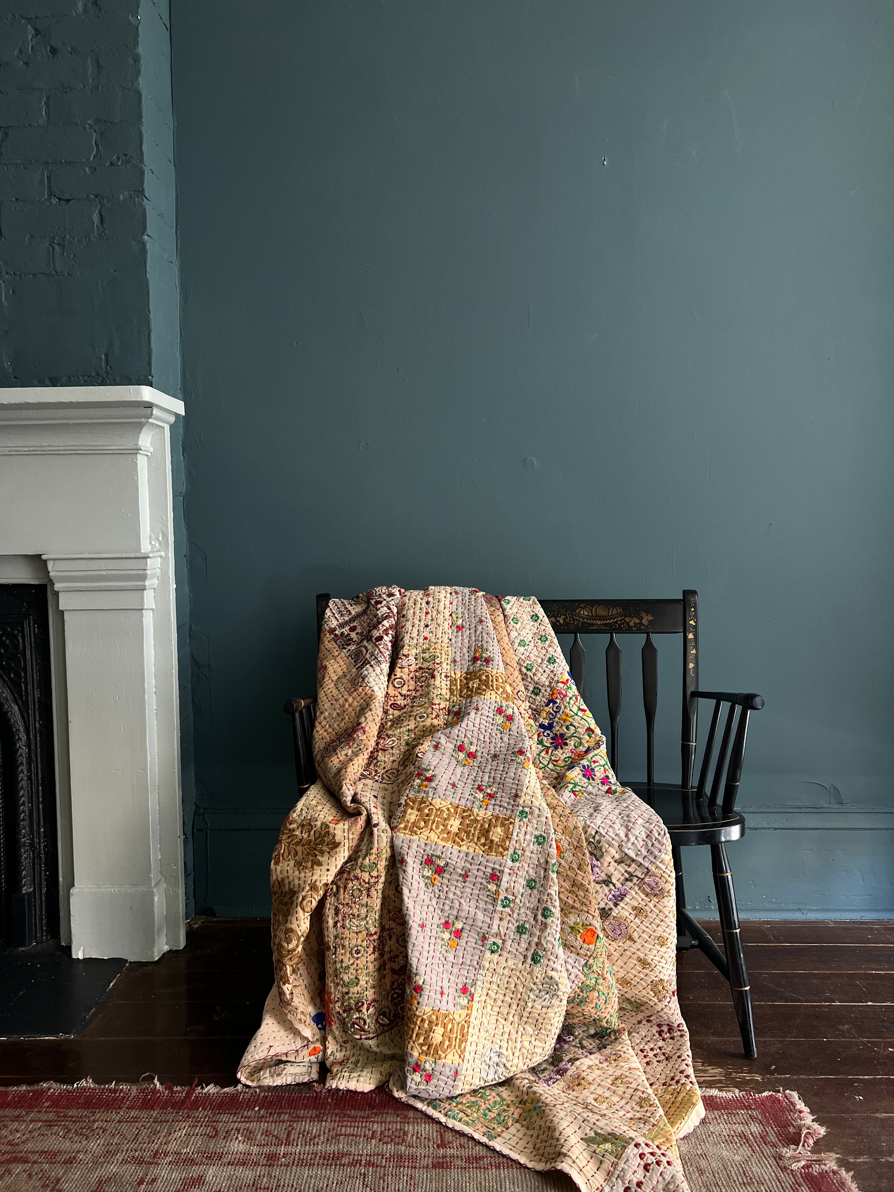 Antique Queen Kantha Sari Patchwork Blanket