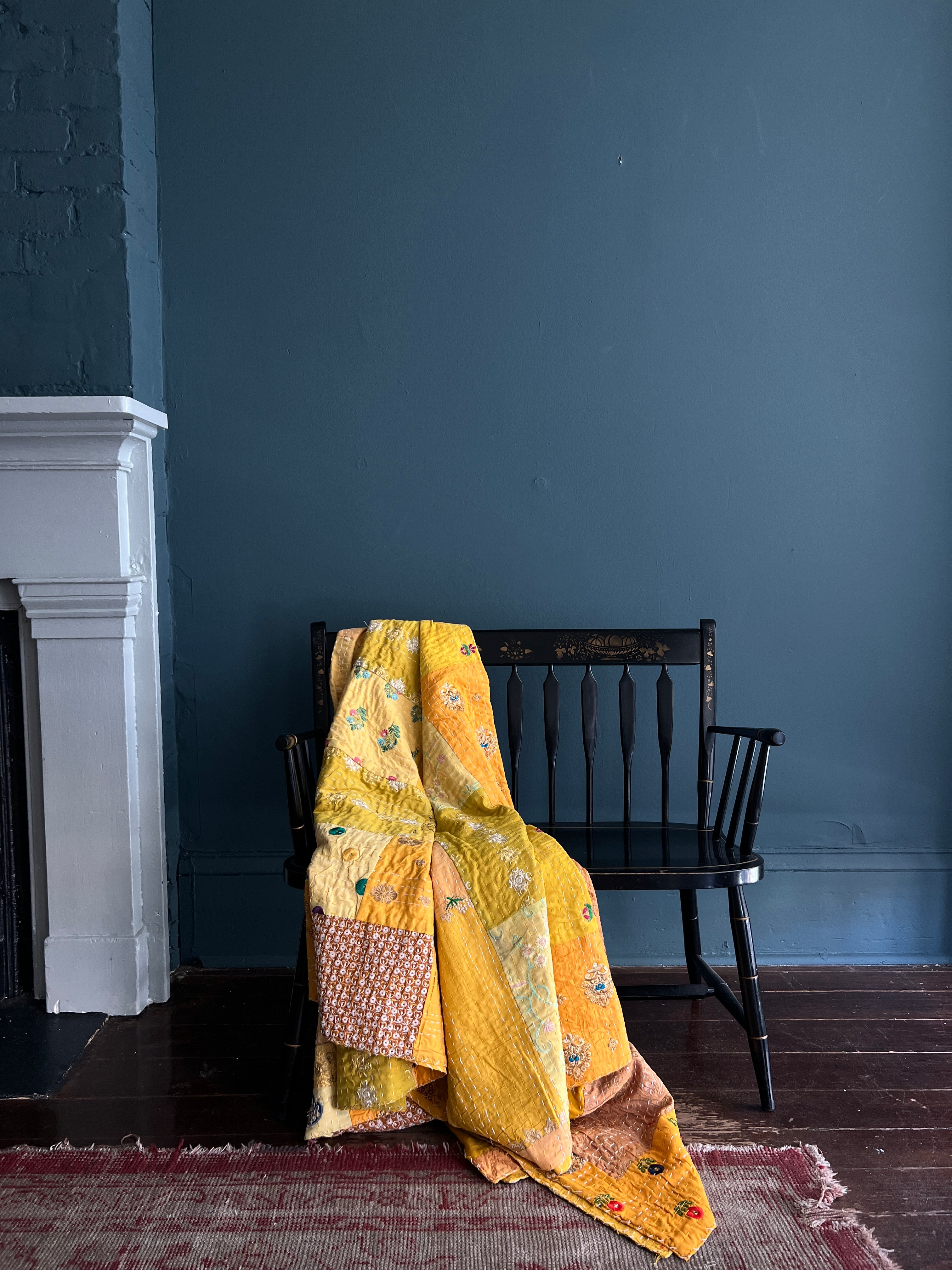 Antique Queen Kantha Sari Patchwork Blanket