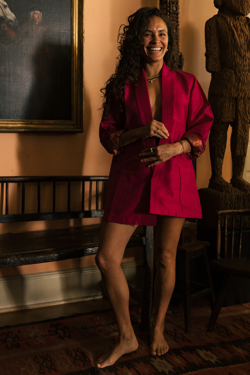 Raw silk Kamla Wrap Jacket, handmade in India. | fuschia