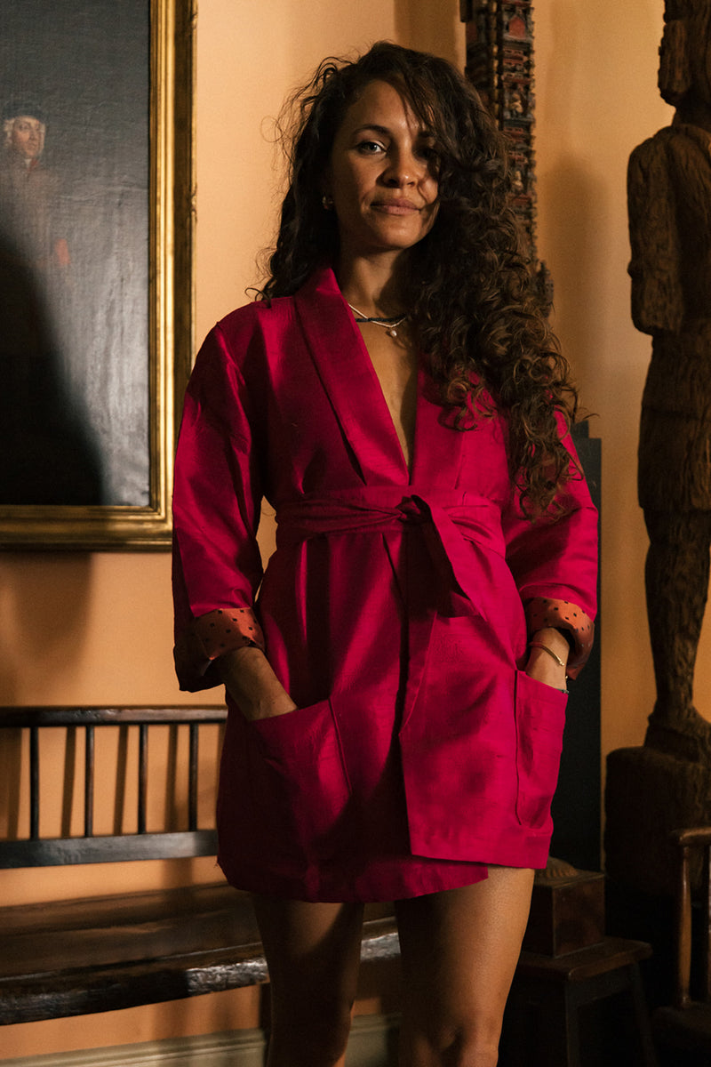 Raw silk Kamla Wrap Jacket, handmade in India. | fuschia