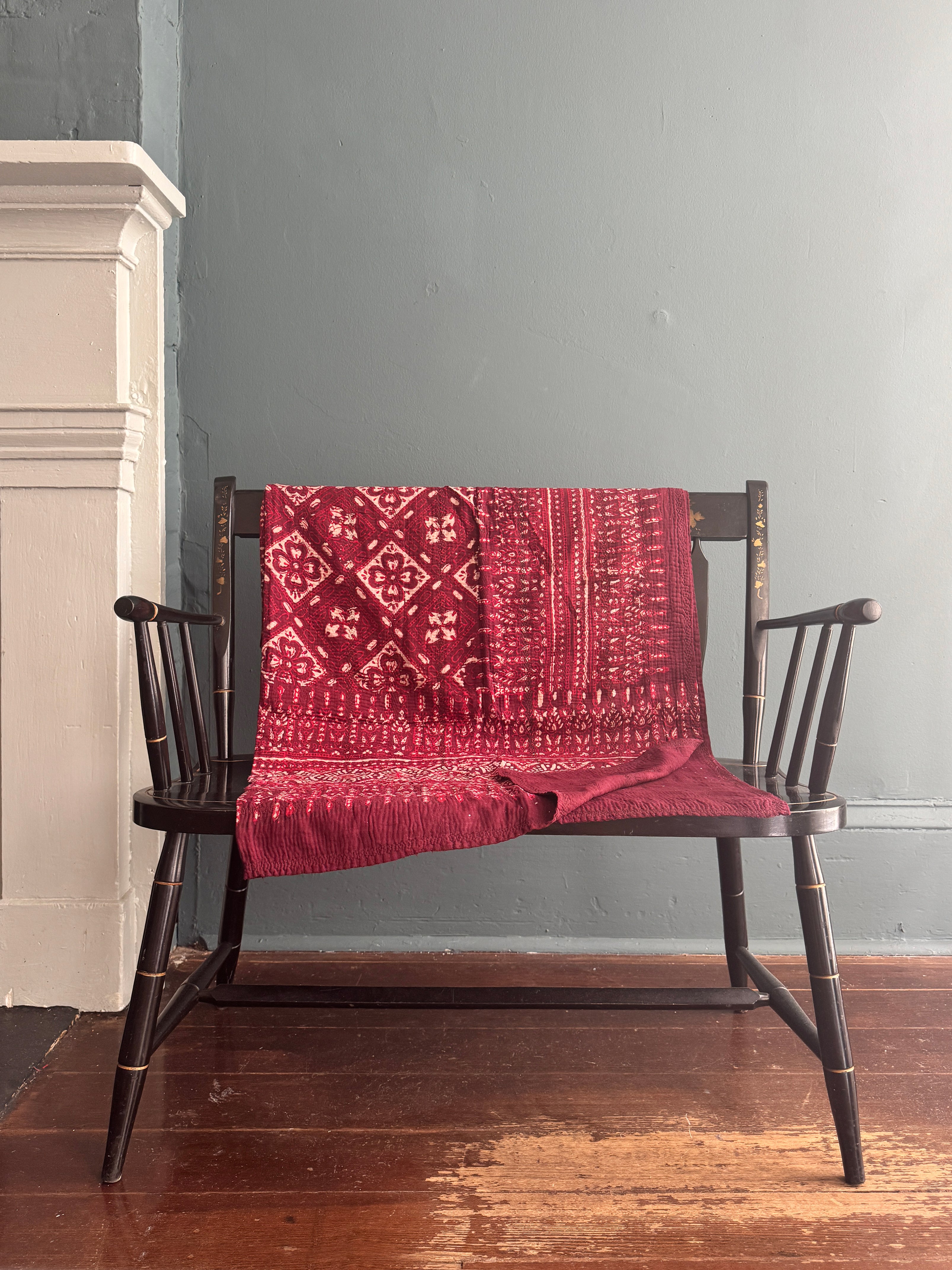 Antique Kantha Ajrakh Throw Blanket