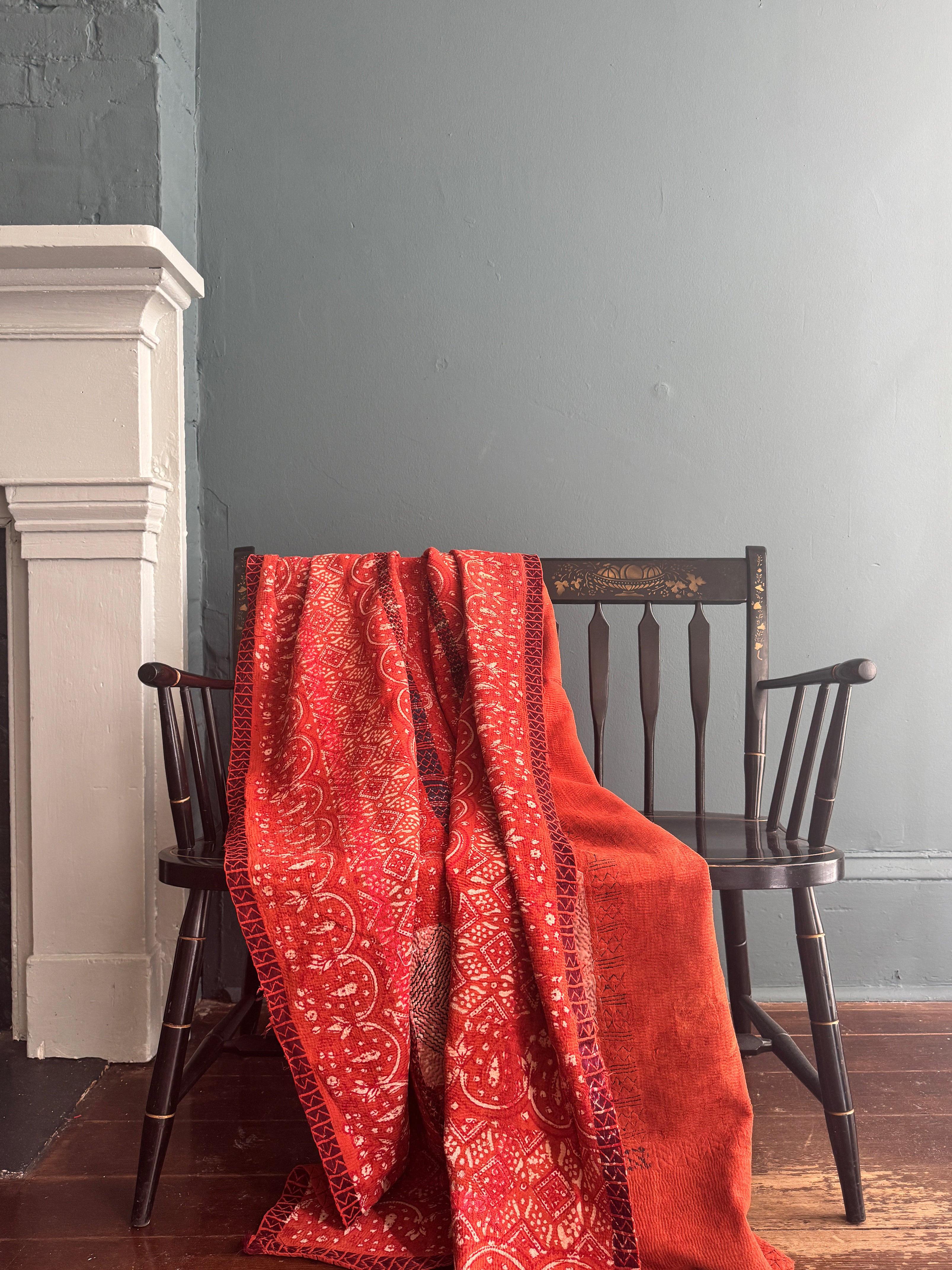 Antique Kantha Ajrakh Throw Blanket