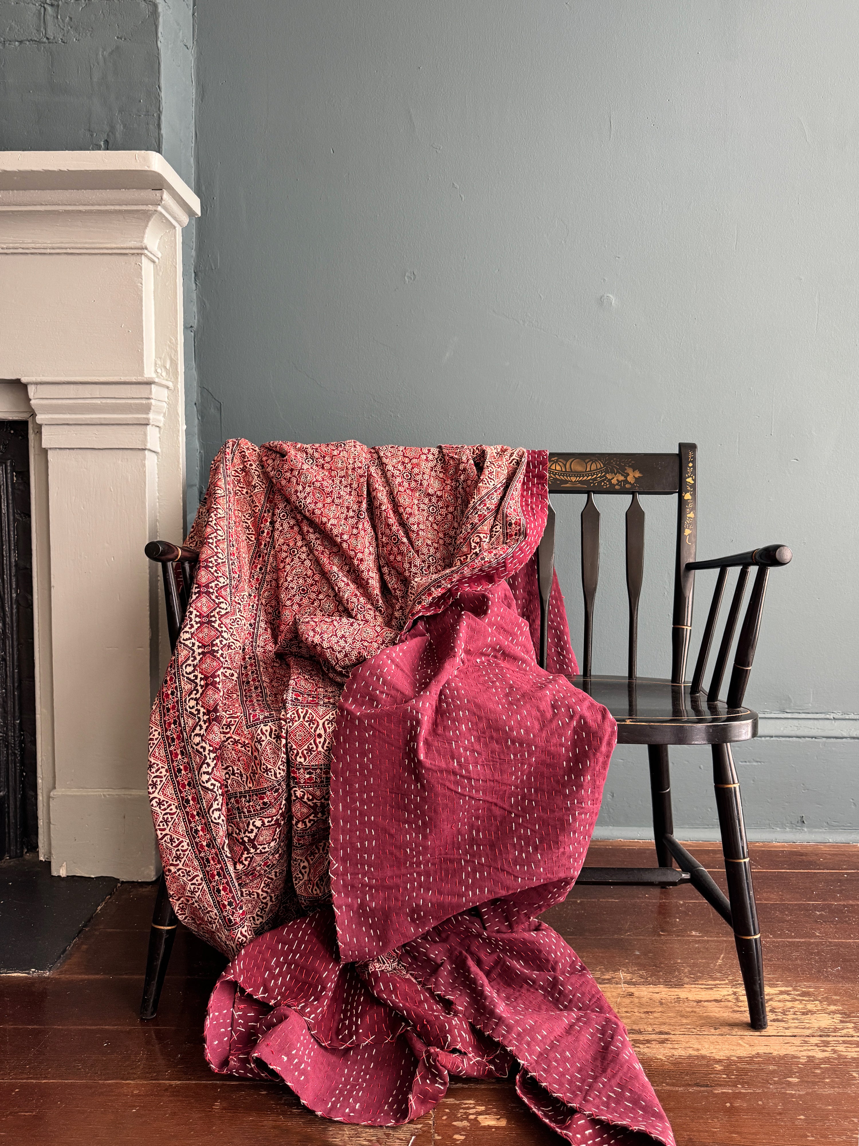 Antique Kantha Ajrakh King Blanket