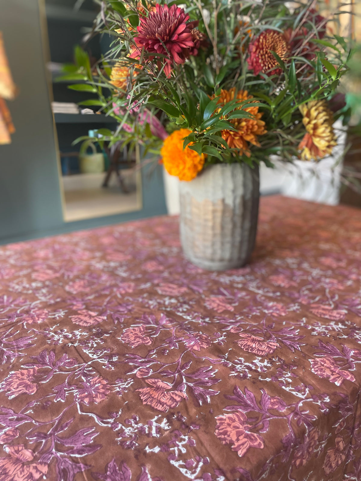 Block Printed Tablecloth Autumn Floral