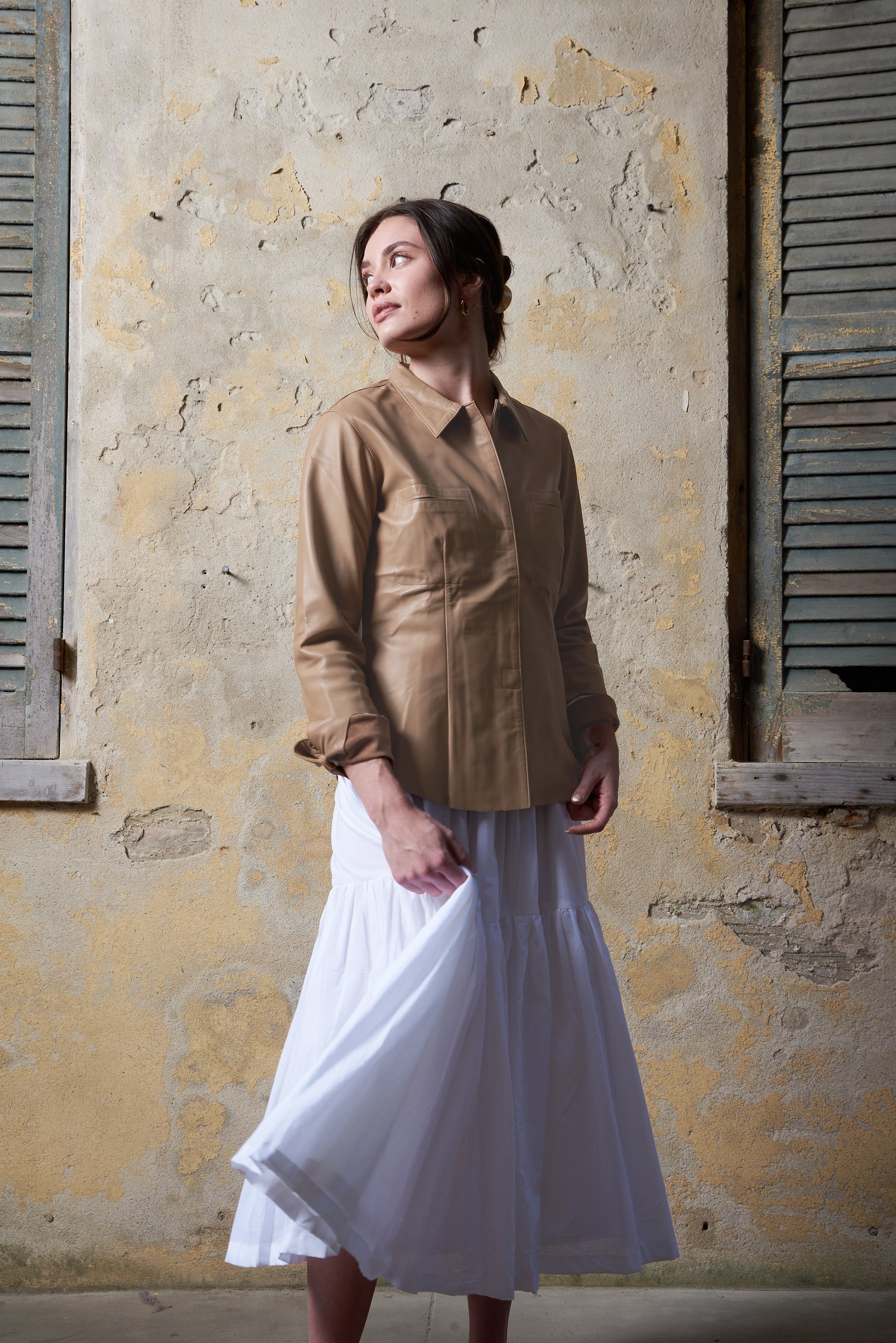 Hala Leather Shirt in Biscuit