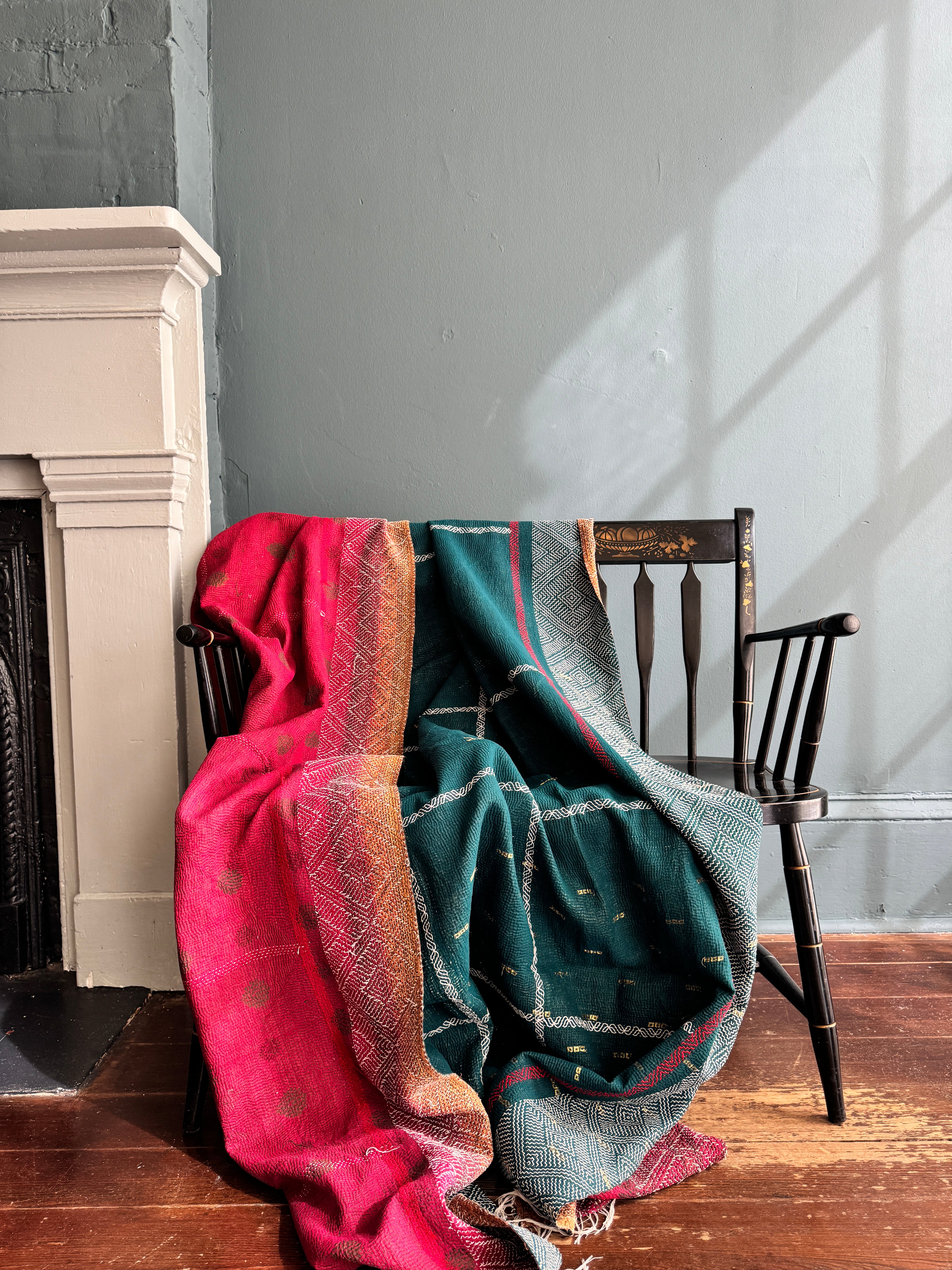 Antique Kantha Patchwork Throw Blanket