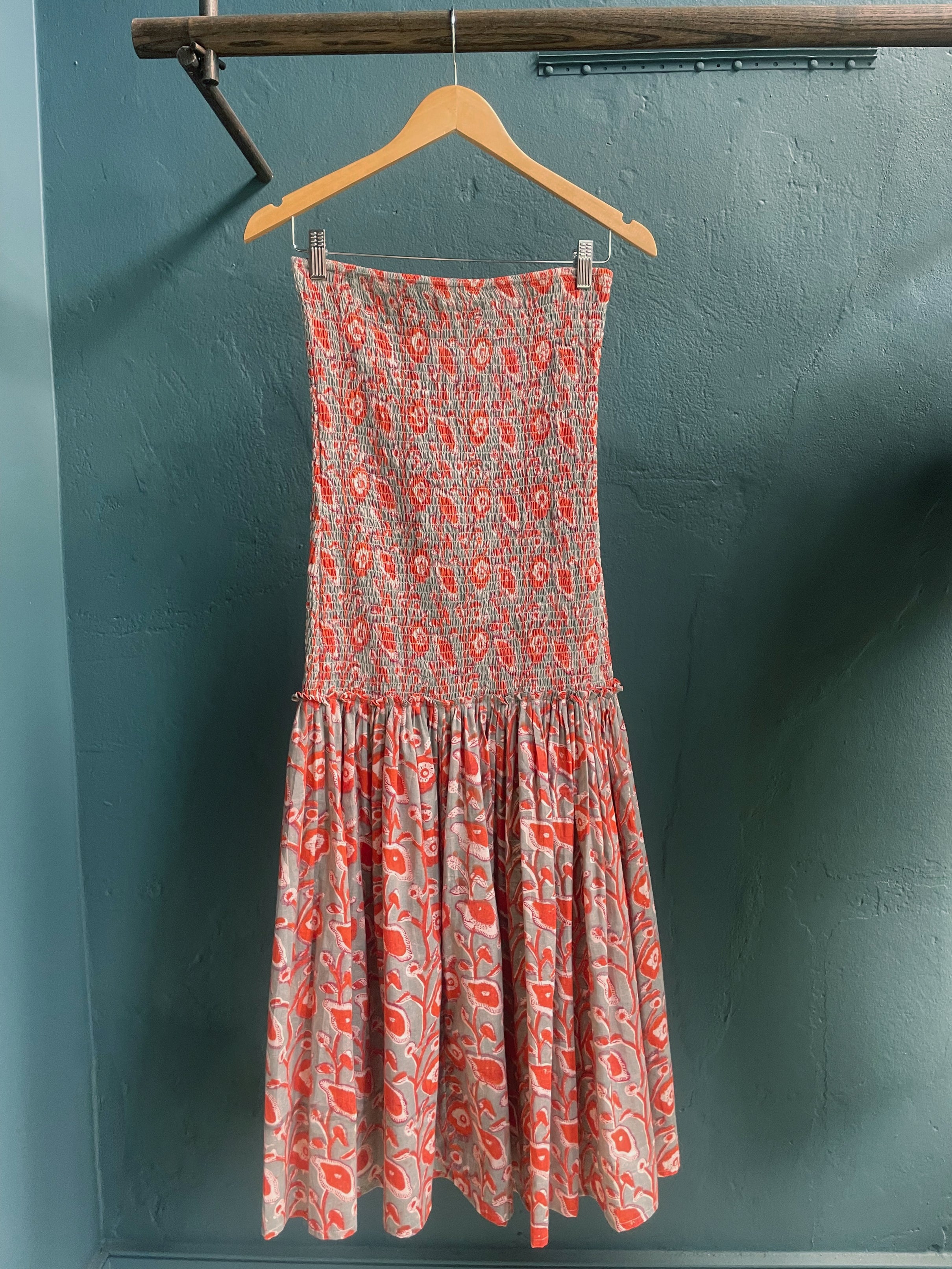 Nalini Smocked Midi Dress in Sage and Poppy