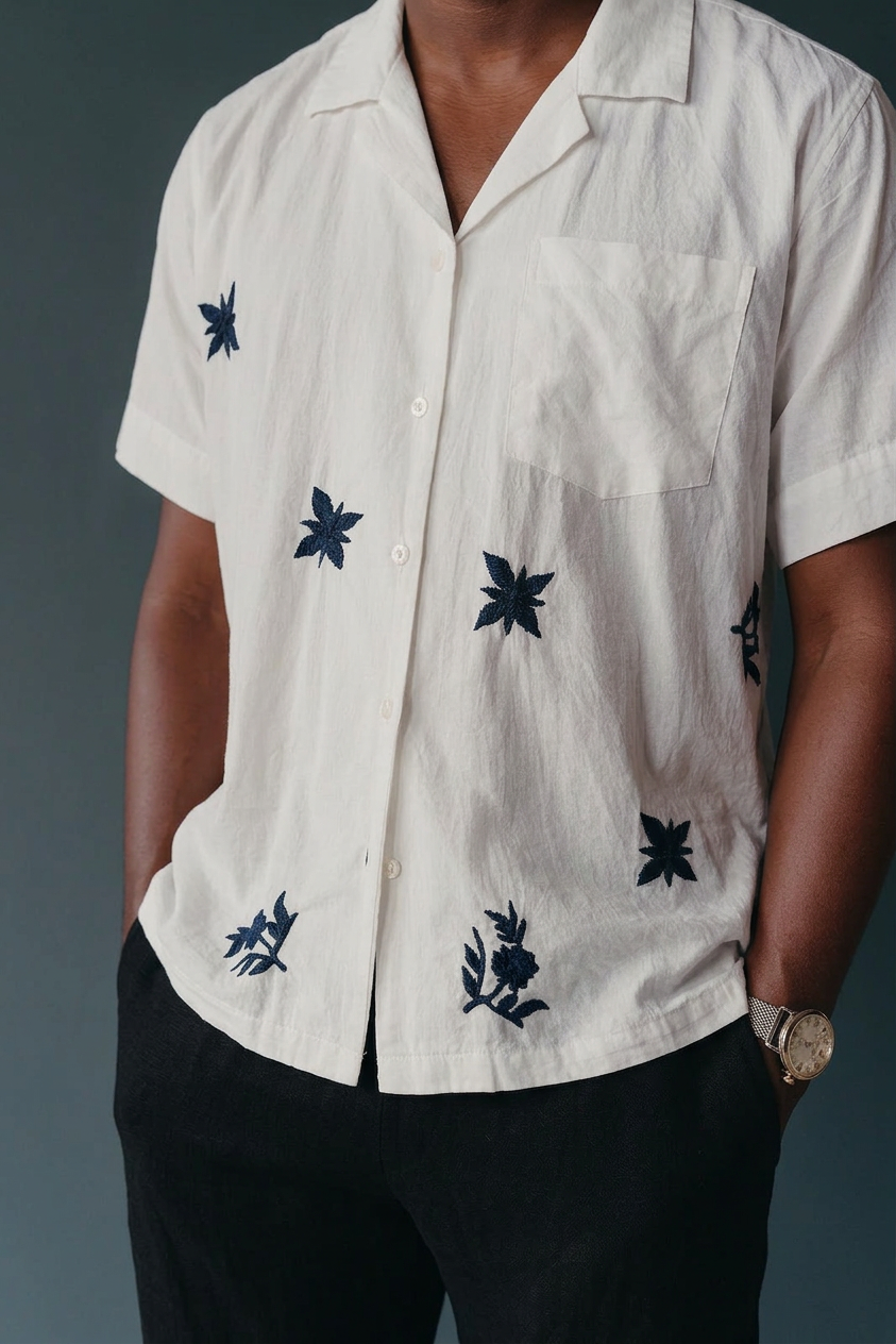White Embroidered Camp Shirt