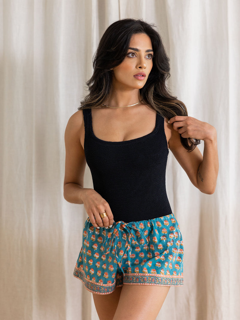 blue sleep short | peony on teal