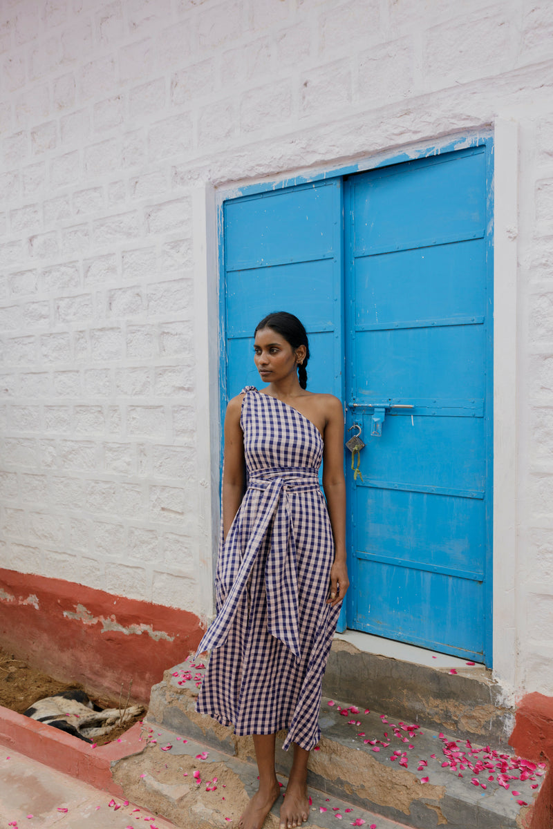 Cotton gingham one-shoulder Anju dress with waist tie, handmade in India. | navy gingham